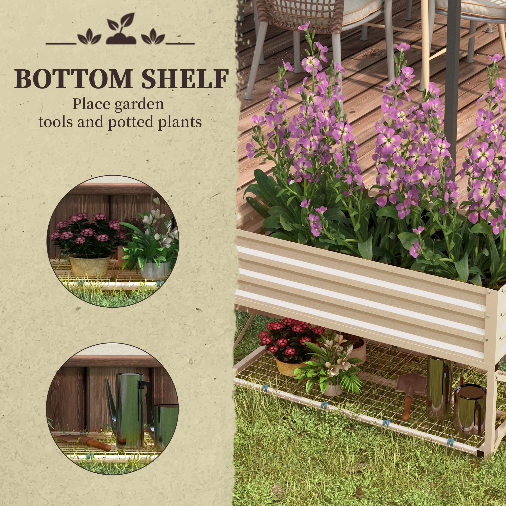 Galvanized Steel Raised Garden Bed, Planter Box with Storage Shelf & Bed Liner, Cream - Image 7