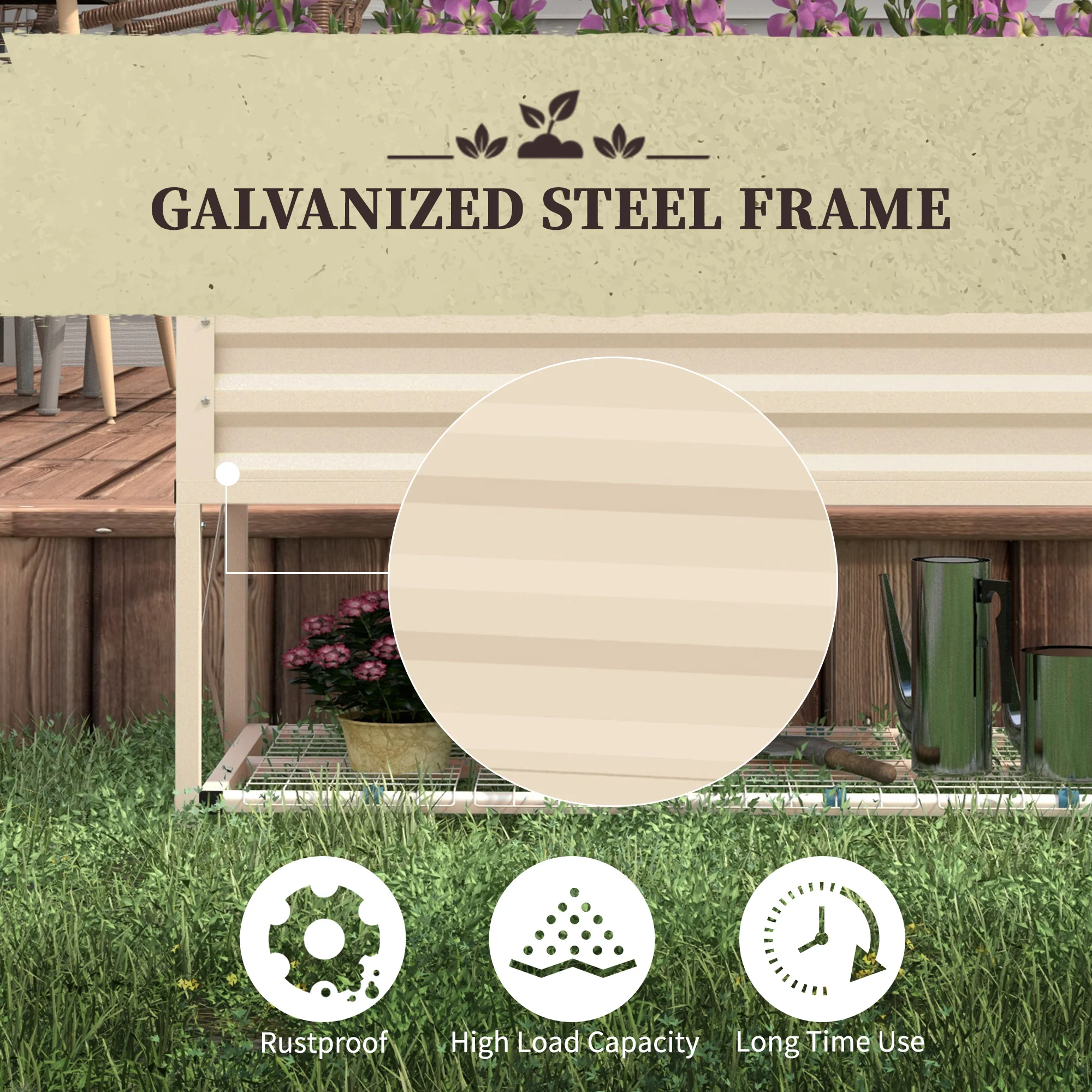 Galvanized Steel Raised Garden Bed, Planter Box with Storage Shelf & Bed Liner, Cream - Image 8