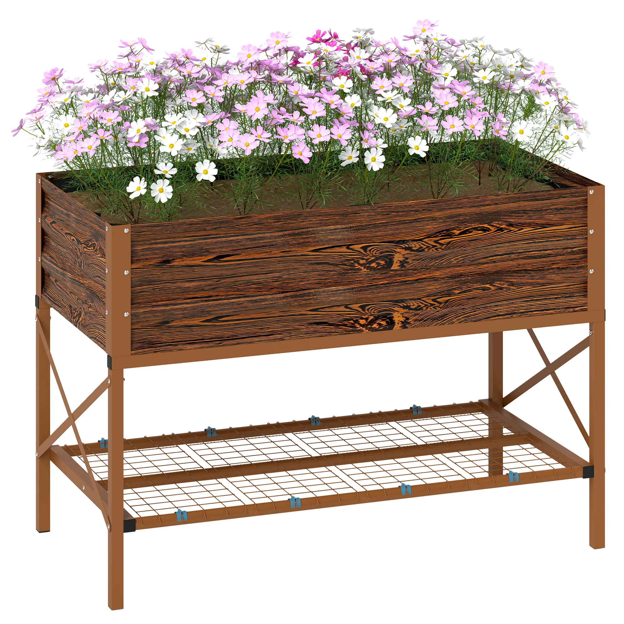 Galvanized Steel Raised Garden Bed, Planter Box with Storage Shelf & Bed Liner, Brown