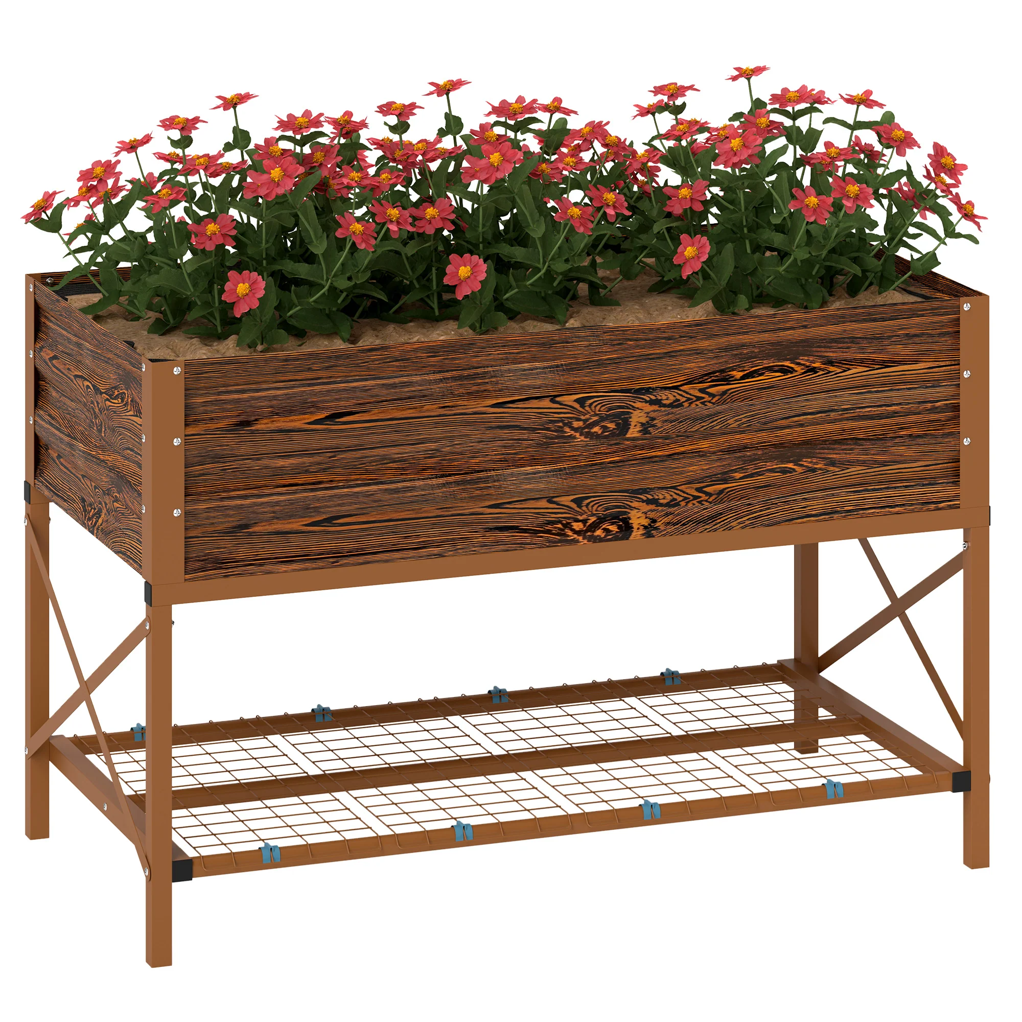 Galvanized Steel Raised Garden Bed, Planter Box with Storage Shelf & Bed Liner, Brown - Image 2
