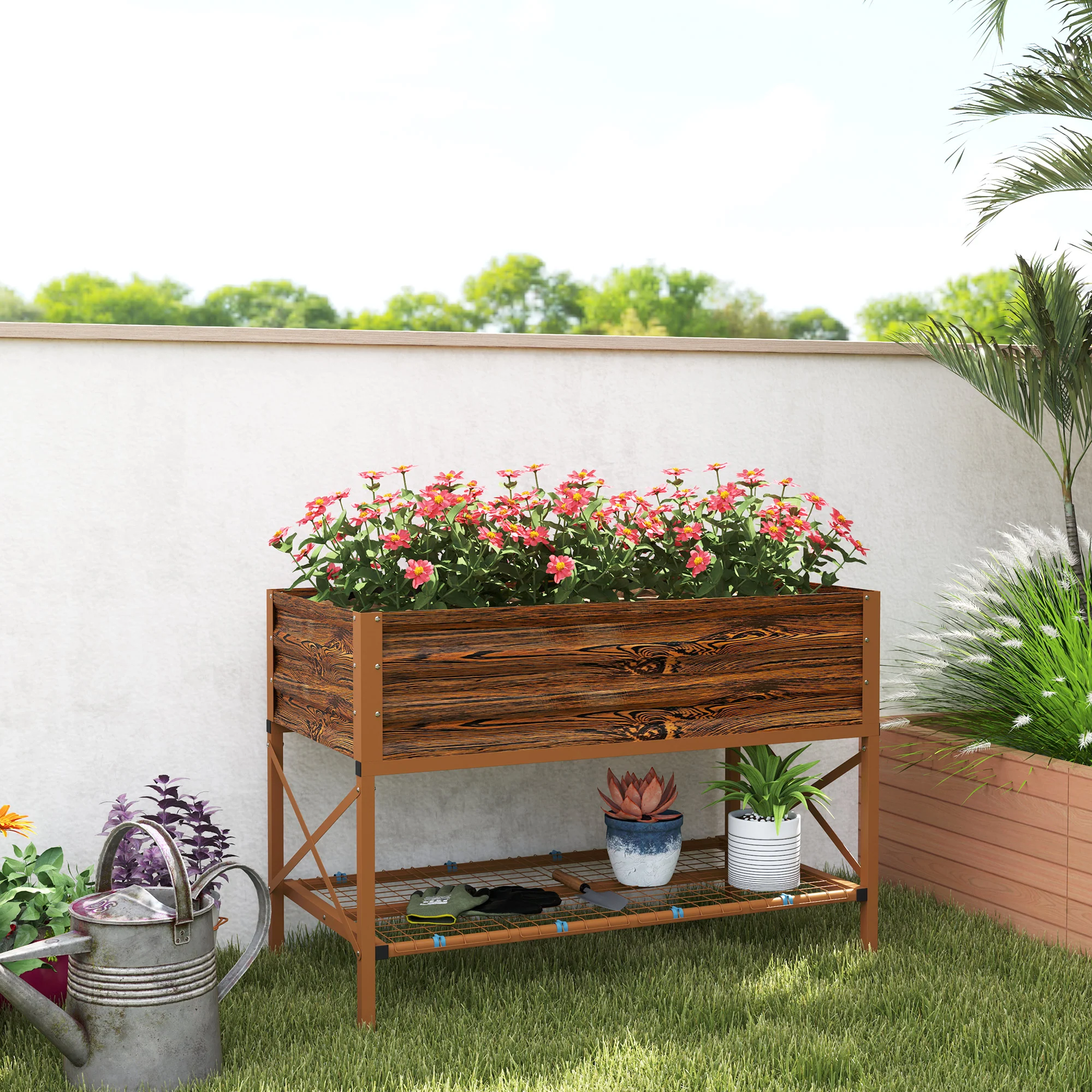 Galvanized Steel Raised Garden Bed, Planter Box with Storage Shelf & Bed Liner, Brown - Image 3