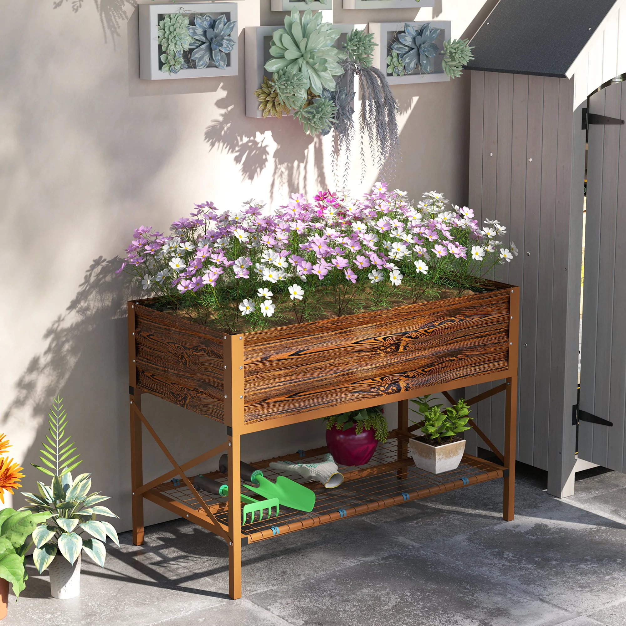 Galvanized Steel Raised Garden Bed, Planter Box with Storage Shelf & Bed Liner, Brown - Image 4