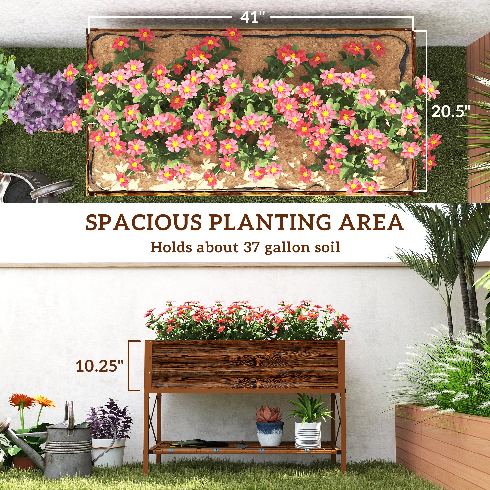 Galvanized Steel Raised Garden Bed, Planter Box with Storage Shelf & Bed Liner, Brown - Image 6