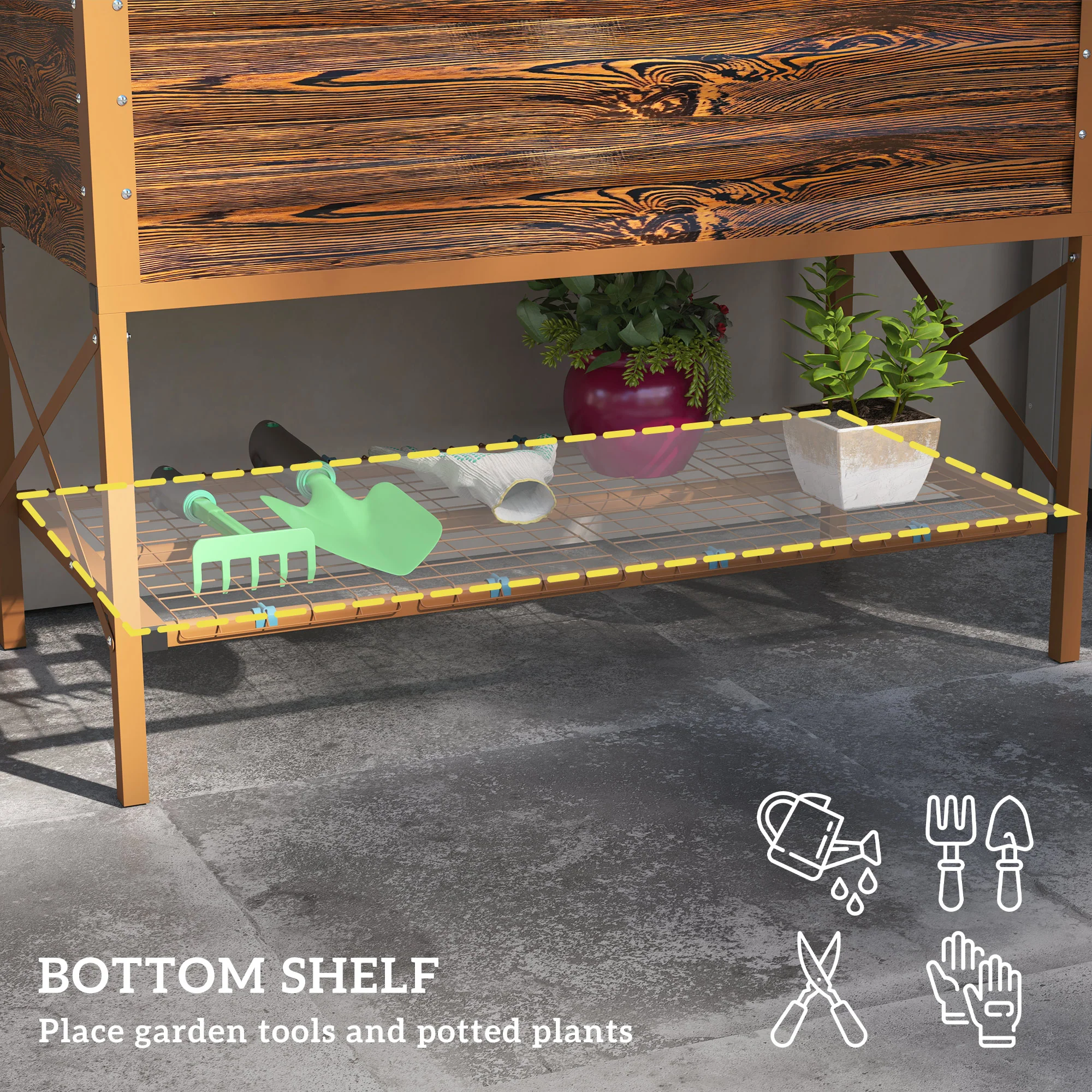 Galvanized Steel Raised Garden Bed, Planter Box with Storage Shelf & Bed Liner, Brown - Image 7