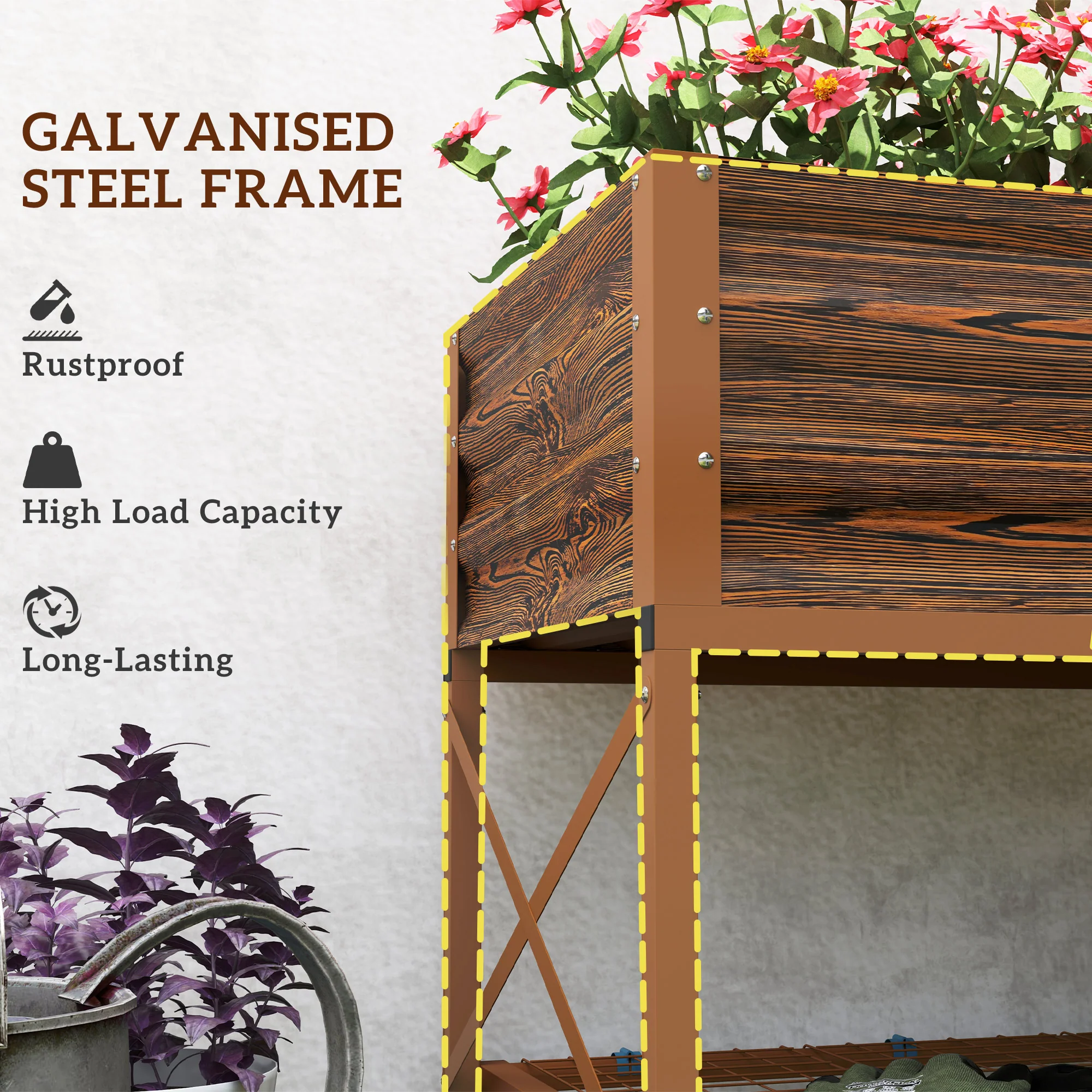 Galvanized Steel Raised Garden Bed, Planter Box with Storage Shelf & Bed Liner, Brown - Image 8