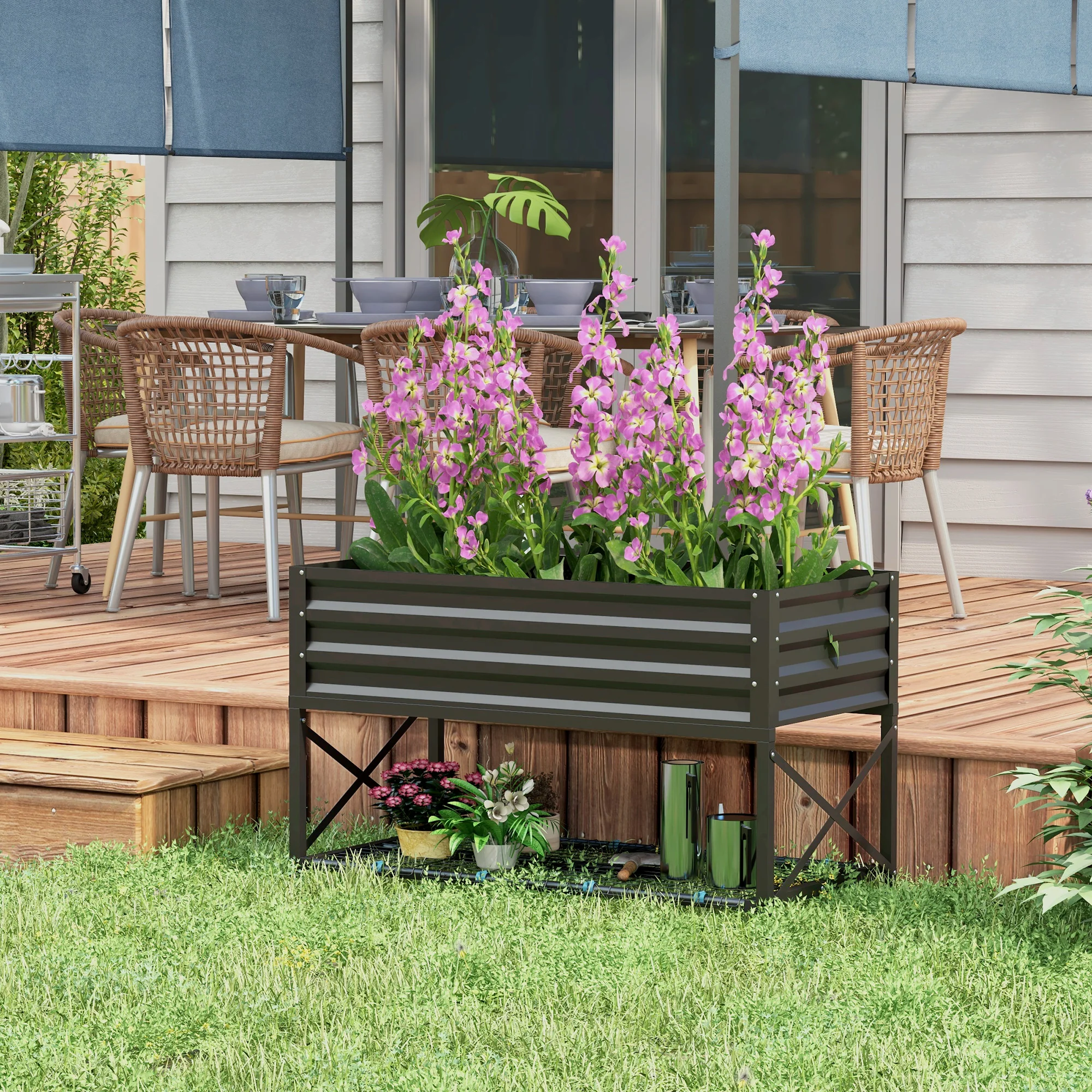 Galvanized Steel Raised Garden Bed, Planter Box with Storage Shelf & Bed Liner, Black - Image 3