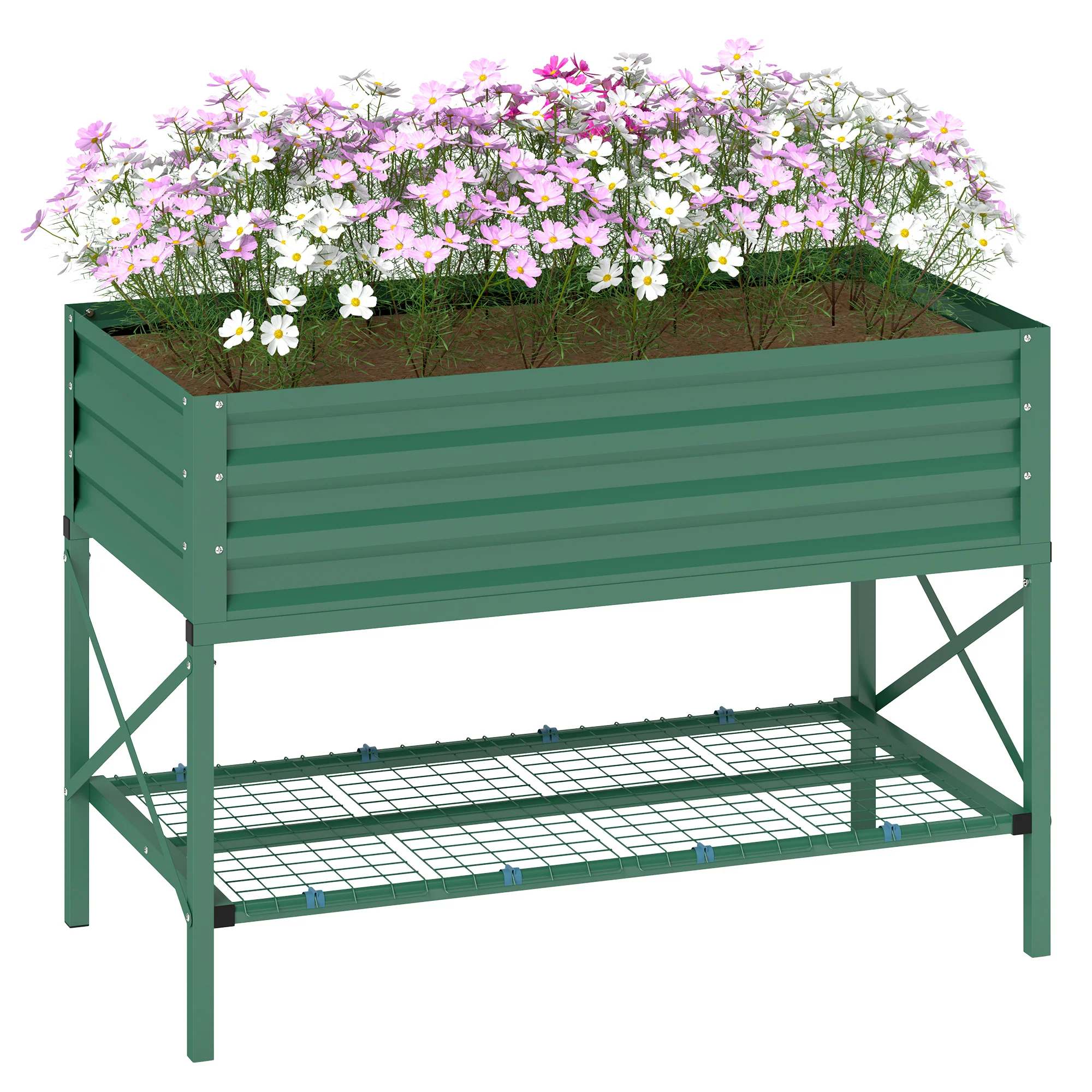 Galvanized Steel Raised Garden Bed, Planter Box with Legs, Storage Shelf, Bed Liner, Green