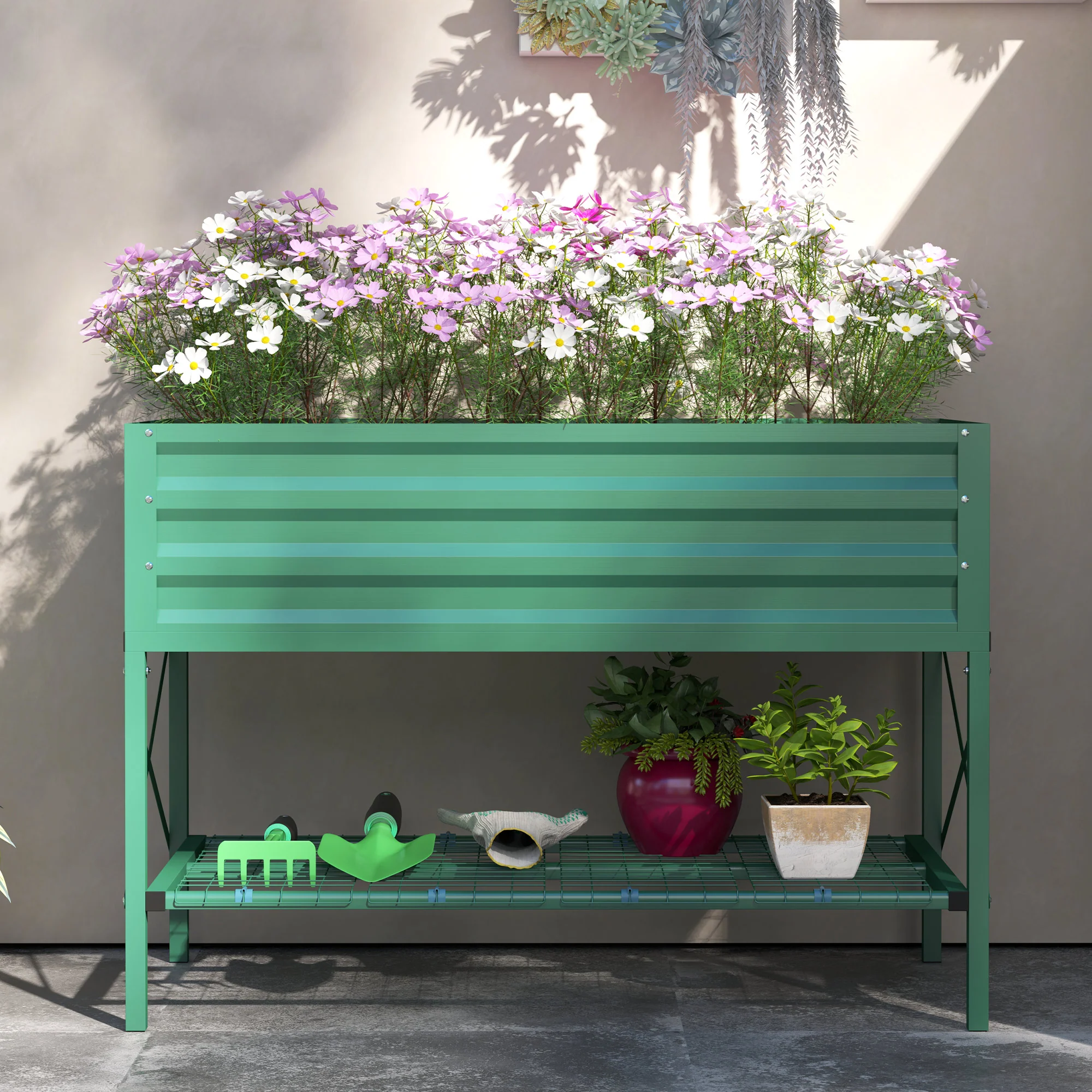 Galvanized Steel Raised Garden Bed, Planter Box with Legs, Storage Shelf, Bed Liner, Green - Image 11