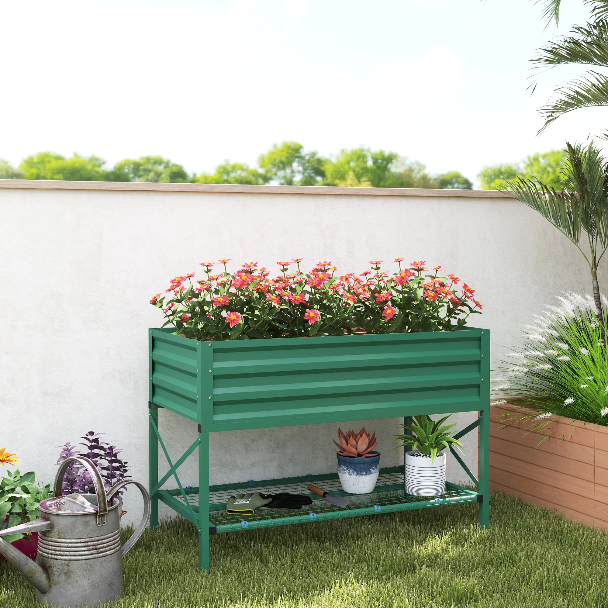 Galvanized Steel Raised Garden Bed, Planter Box with Legs, Storage Shelf, Bed Liner, Green - Image 3