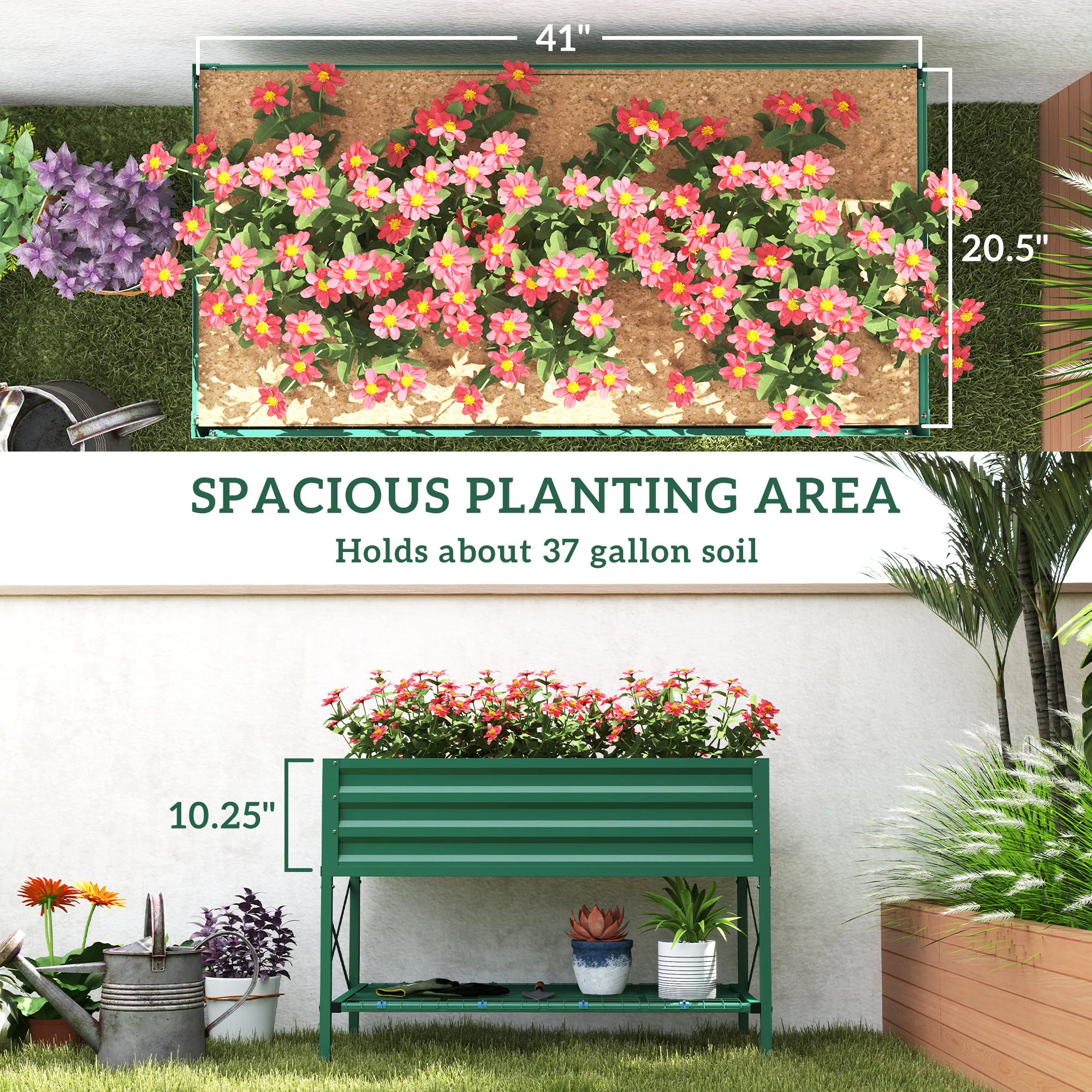 Galvanized Steel Raised Garden Bed, Planter Box with Legs, Storage Shelf, Bed Liner, Green - Image 6
