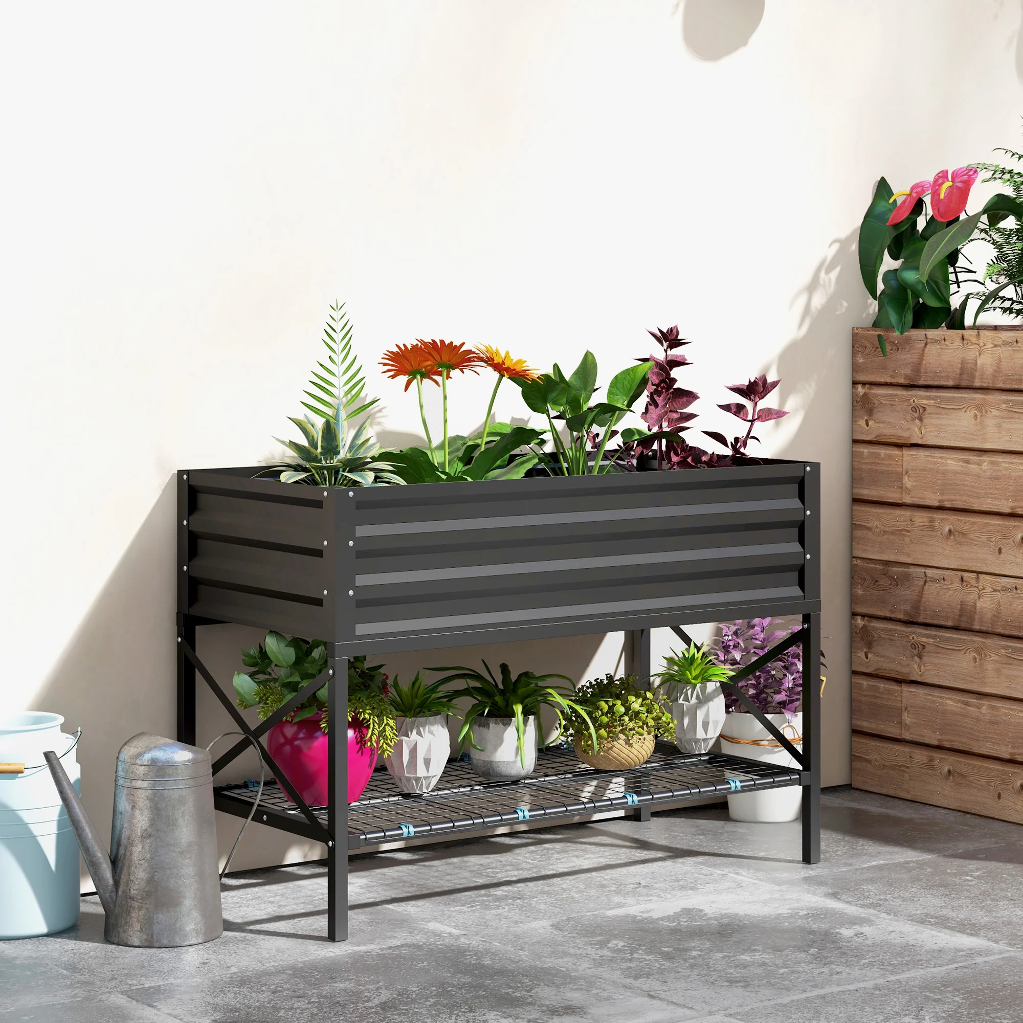 Galvanized Steel Raised Garden Bed, Planter Box with Storage Shelf & Bed Liner, Black - Image 4