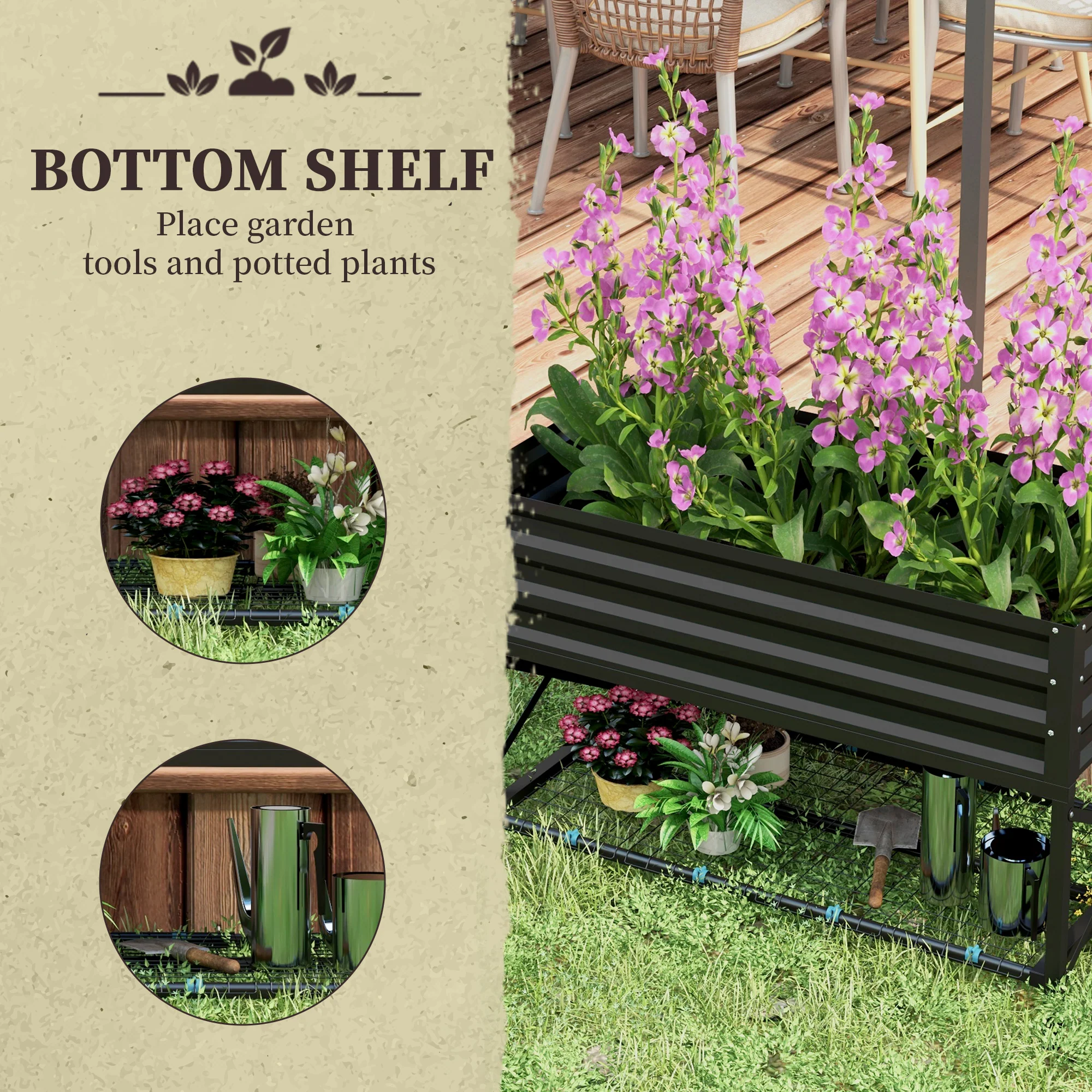 Galvanized Steel Raised Garden Bed, Planter Box with Storage Shelf & Bed Liner, Black - Image 7