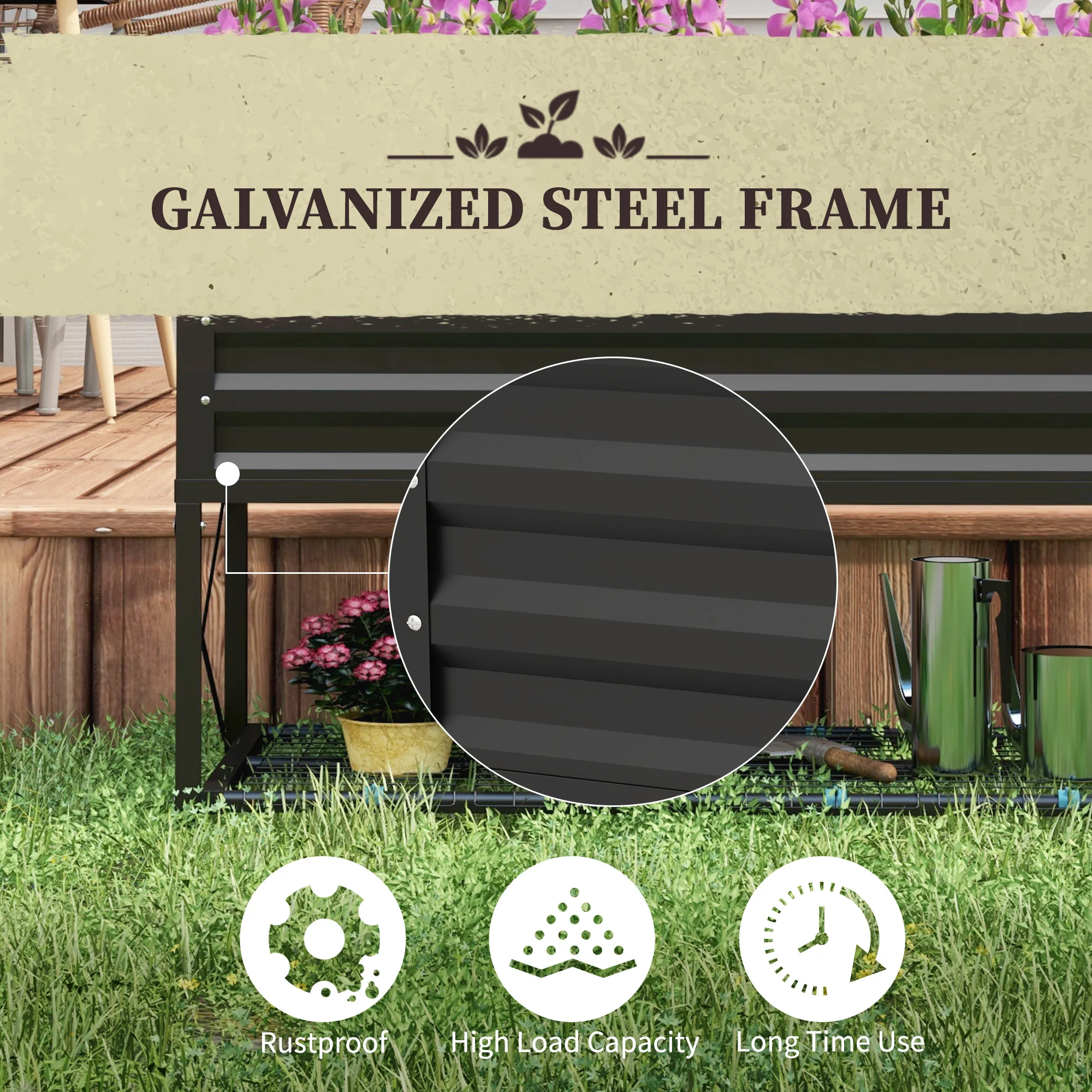 Galvanized Steel Raised Garden Bed, Planter Box with Storage Shelf & Bed Liner, Black - Image 8