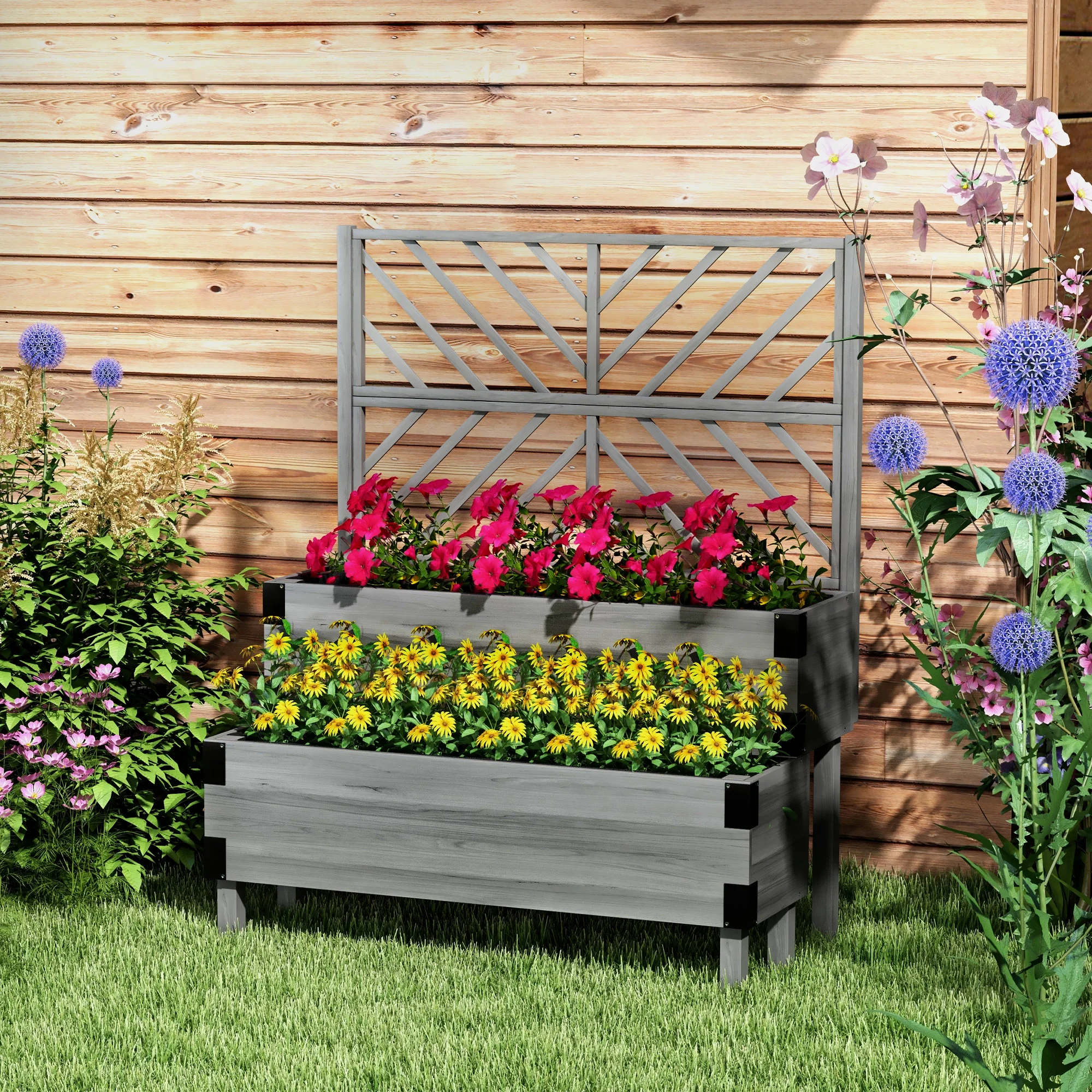 Raised Garden Bed with Trellis, 2 Tier Wooden Elevated Planter Box with Legs and Metal Corners for Vegetables, Flowers, Herbs, Gray - Image 3