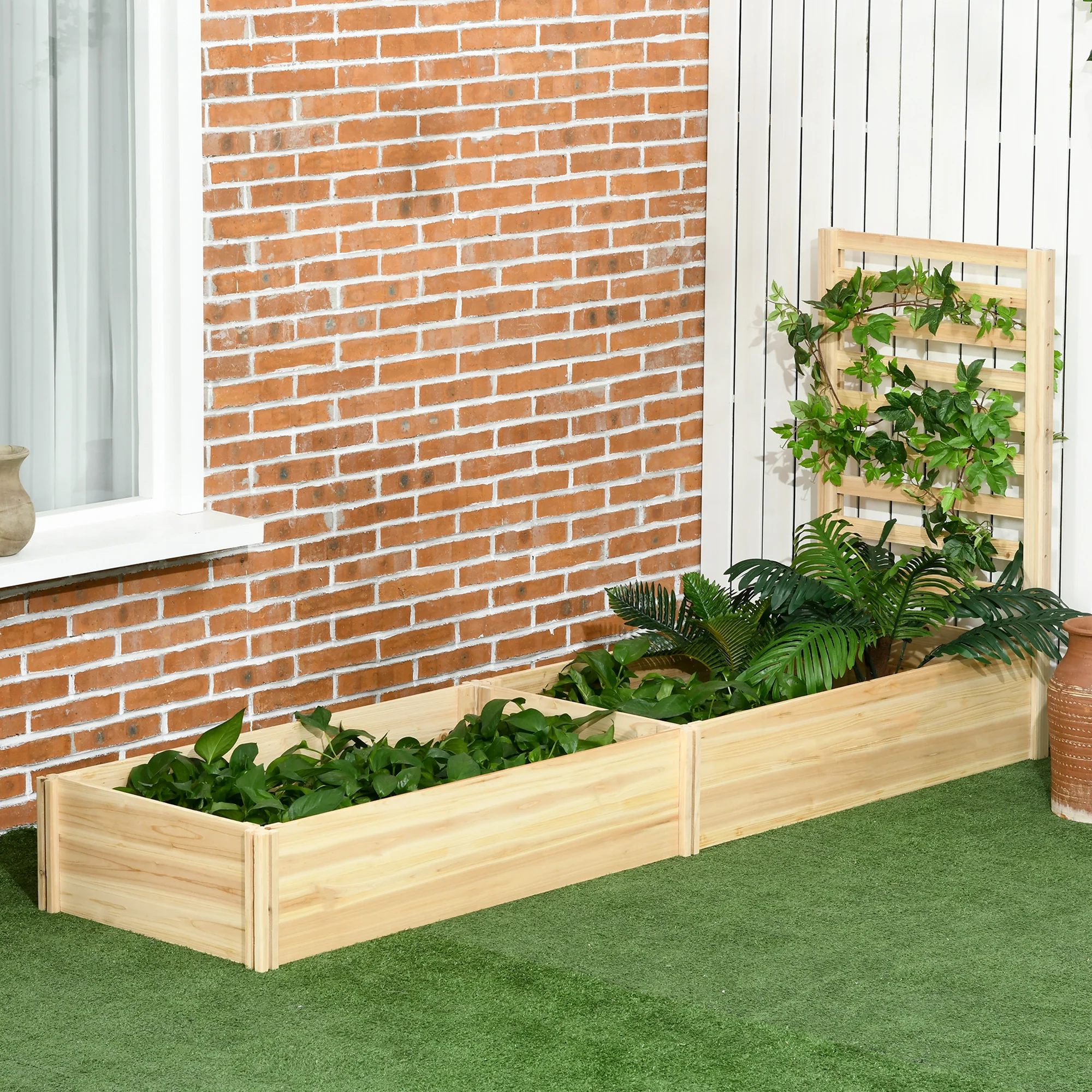 Raised Garden Bed with Trellis and 2 Compartments, 43 Inch Wooden Planter Box Kit for Outdoor Plants, Vegetables, Flowers, Herbs Climbing, Easy Assembly, Natural Tone - Image 3
