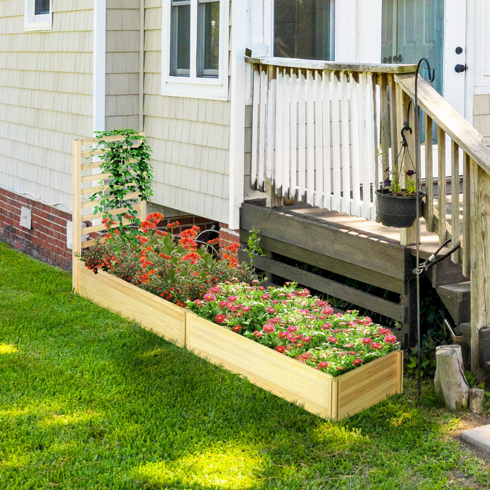 Raised Garden Bed with Trellis and 2 Compartments, 43 Inch Wooden Planter Box Kit for Outdoor Plants, Vegetables, Flowers, Herbs Climbing, Easy Assembly, Natural Tone - Image 4