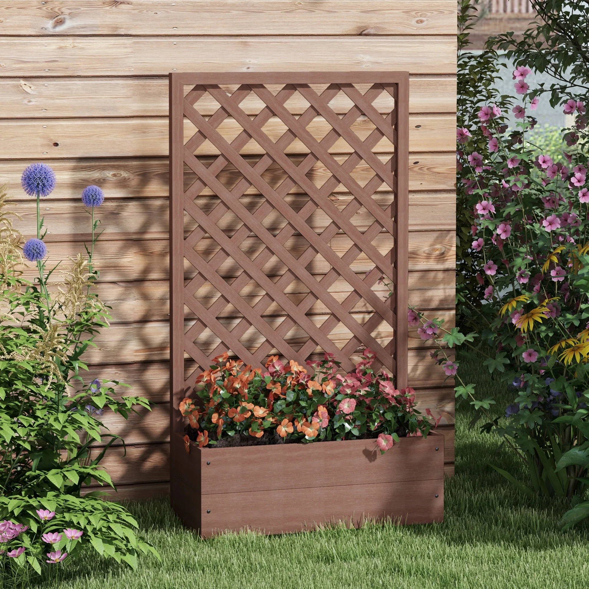 Raised Garden Bed with Trellis Lattice and Self Draining Gap, 29.5" x 13.25" x 53.25", Light Brown - Image 4