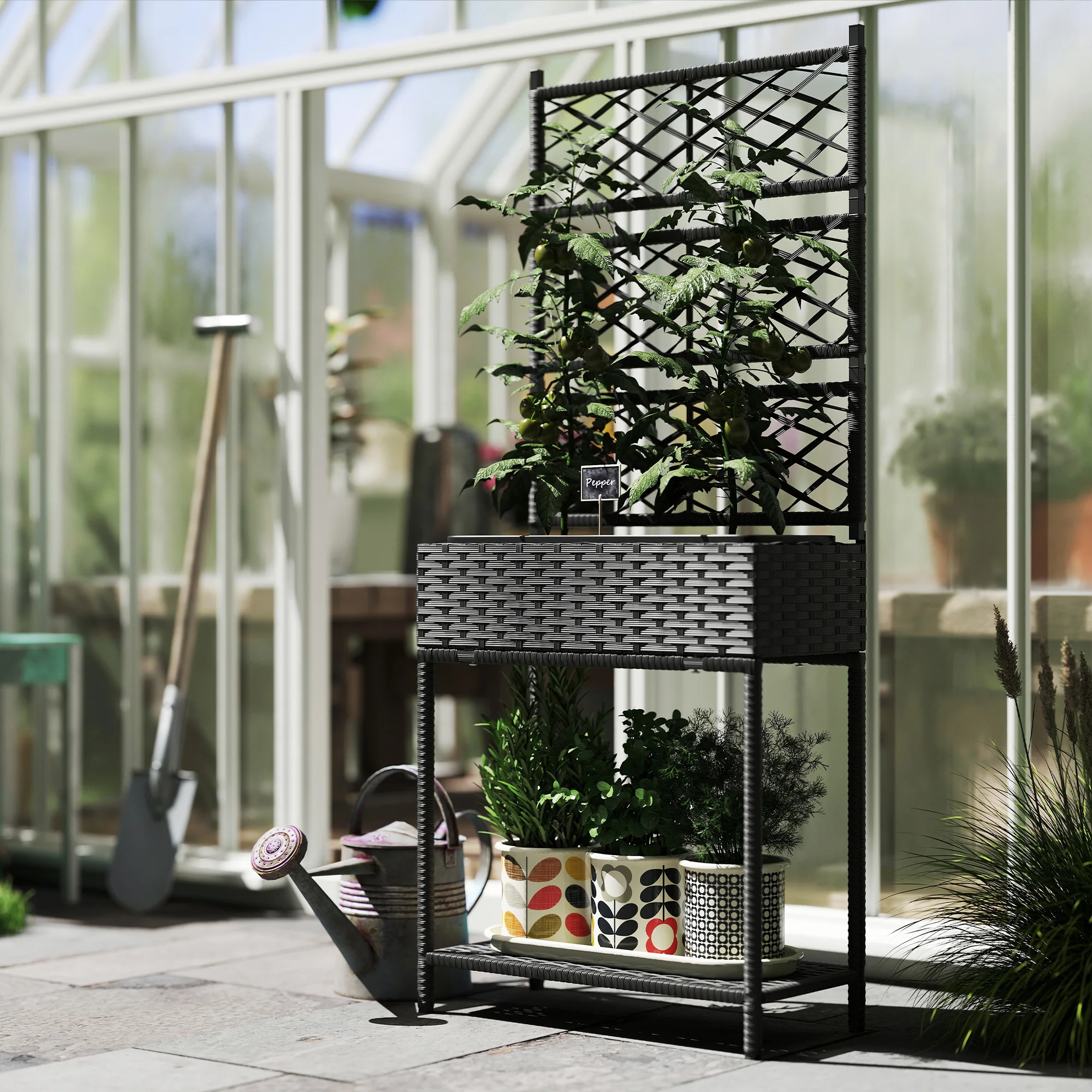 Rattan Garden Bed with Trellis & Storage Shelf for Climbing Plants, Flowers, Black - Image 10