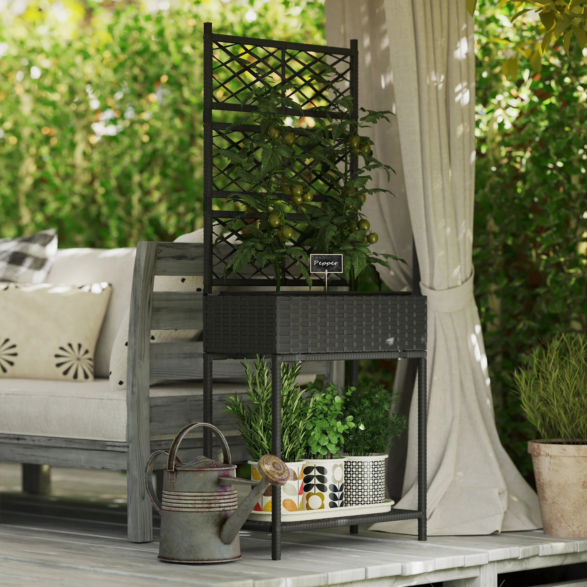 Rattan Garden Bed with Trellis & Storage Shelf for Climbing Plants, Flowers, Black - Image 3