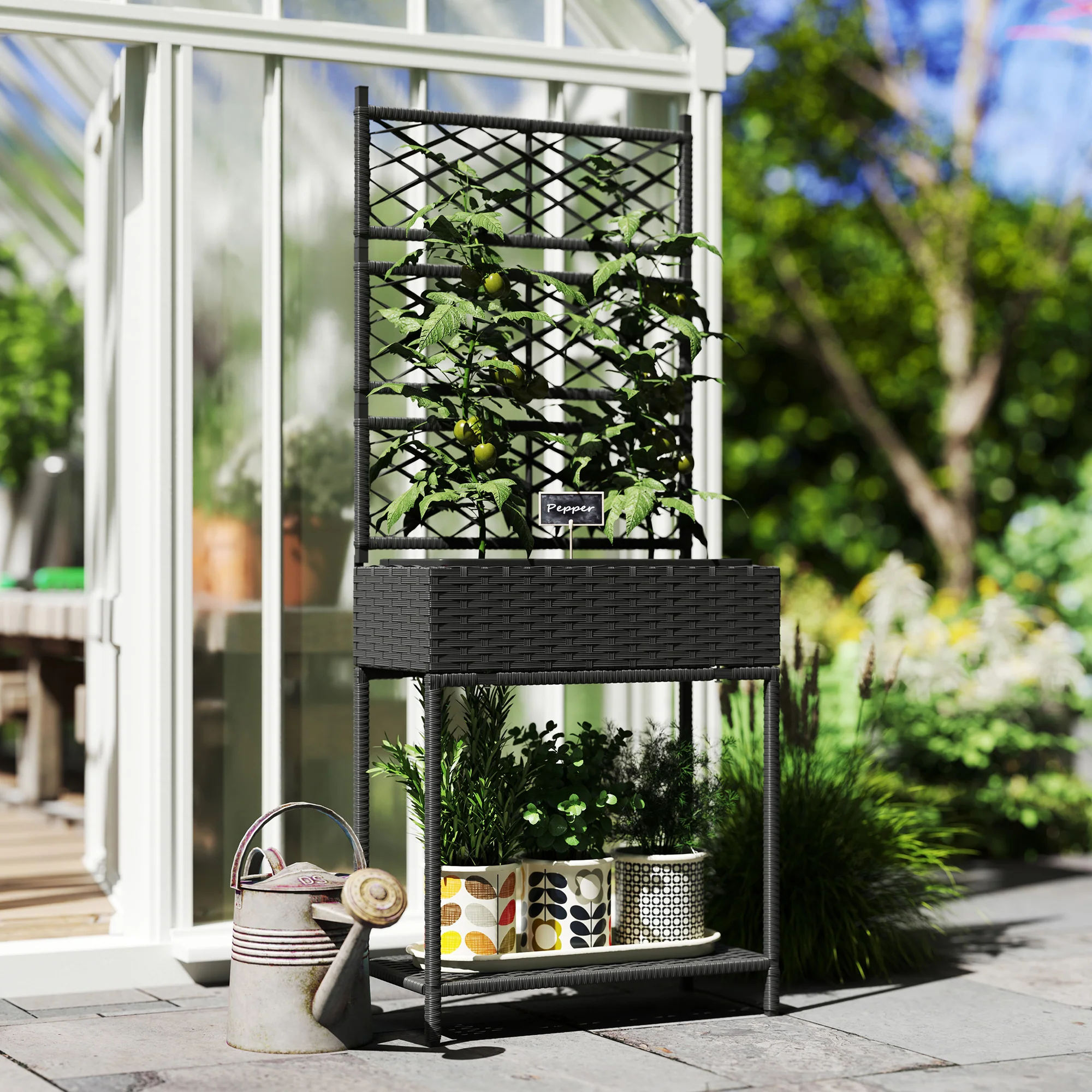 Rattan Garden Bed with Trellis & Storage Shelf for Climbing Plants, Flowers, Black - Image 4