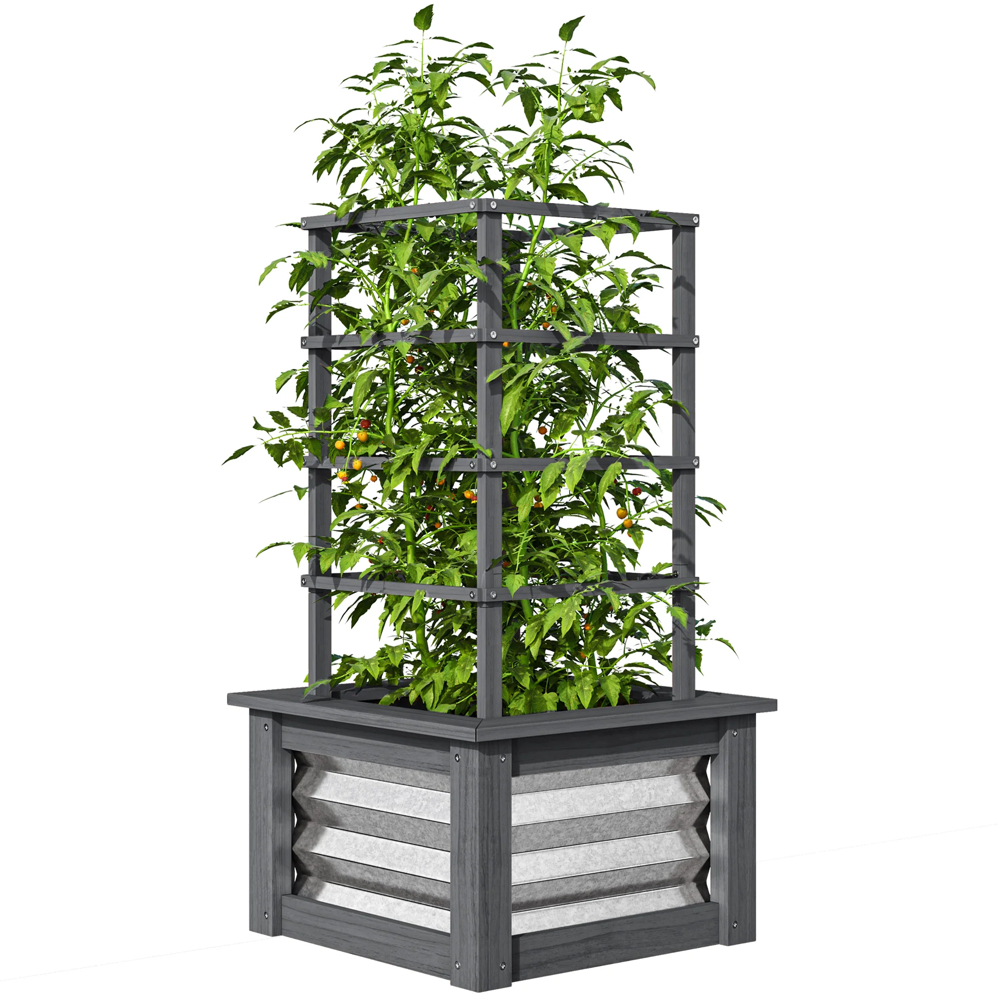 Raised Garden Bed with Trellis, Wooden Planter Box with Galvanized Steel Sides, Raised Flower Bed for Climbing Plants, Flowers, Fruits and Vegetables, Gray