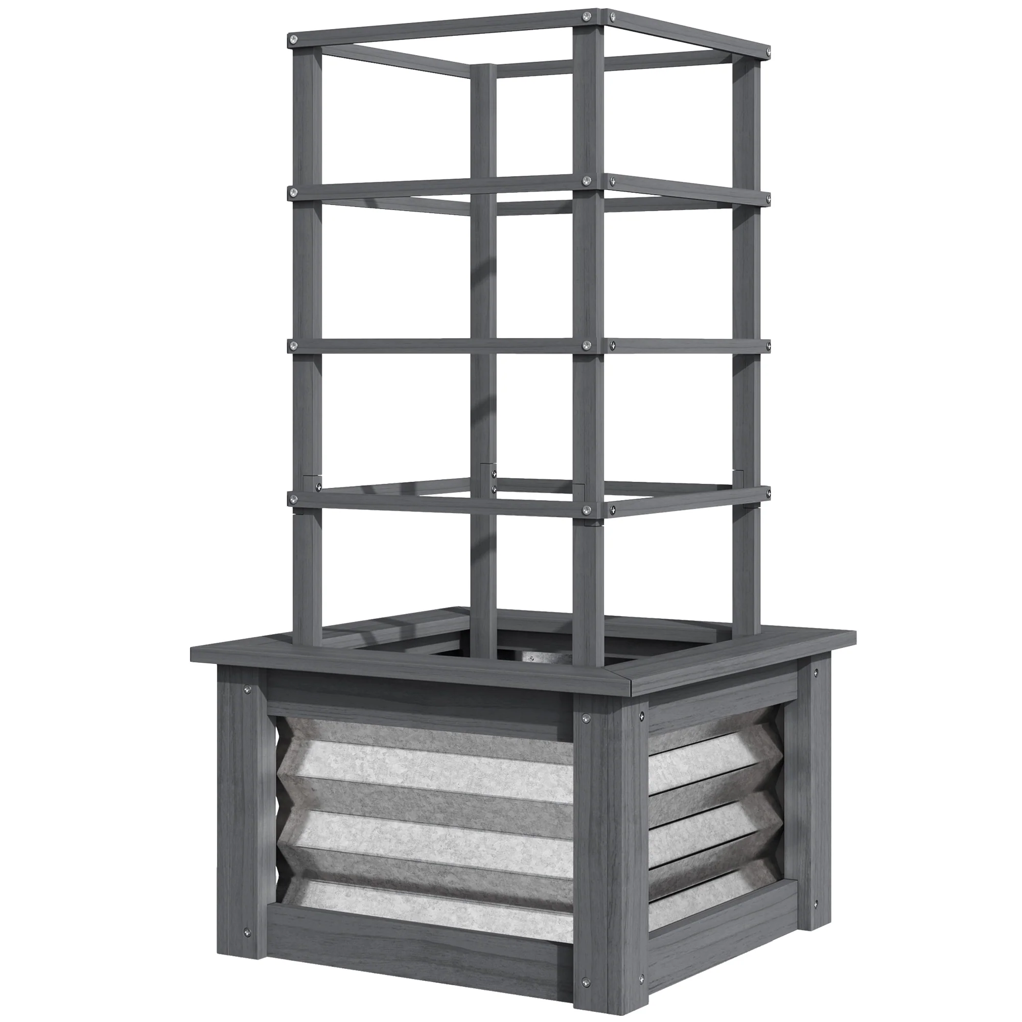 Raised Garden Bed with Trellis, Wooden Planter Box with Galvanized Steel Sides, Raised Flower Bed for Climbing Plants, Flowers, Fruits and Vegetables, Gray - Image 2
