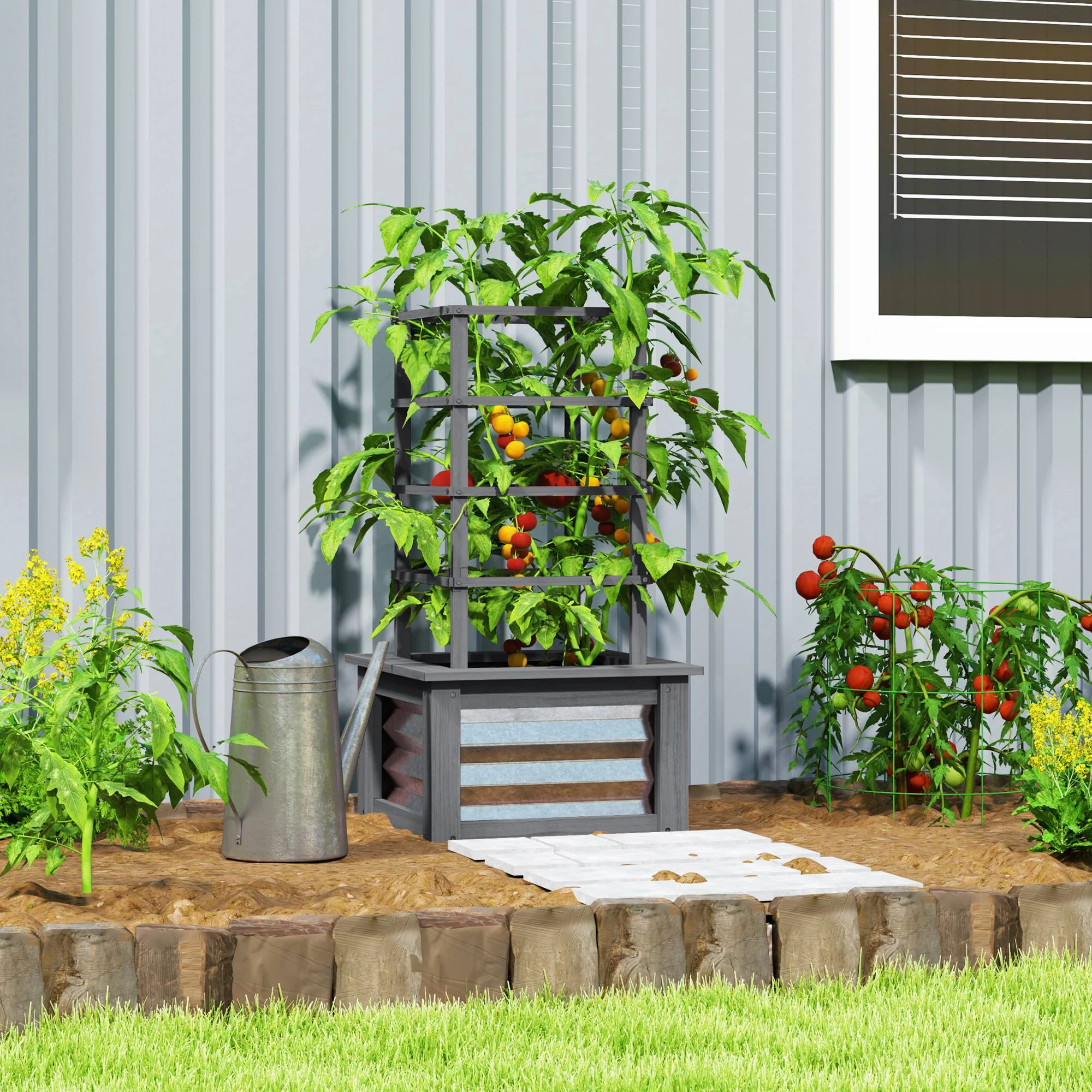 Raised Garden Bed with Trellis, Wooden Planter Box with Galvanized Steel Sides, Raised Flower Bed for Climbing Plants, Flowers, Fruits and Vegetables, Gray - Image 3