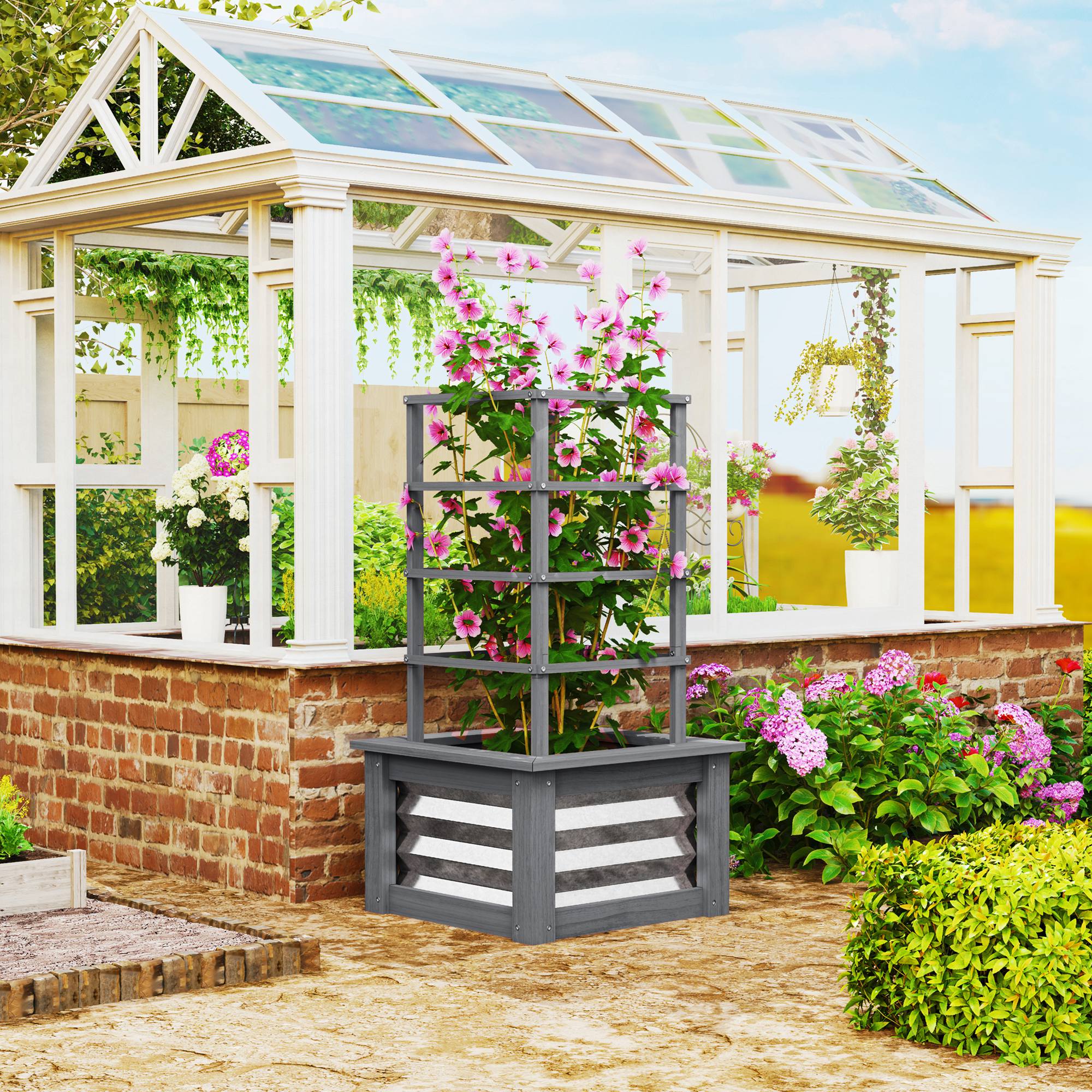 Raised Garden Bed with Trellis, Wooden Planter Box with Galvanized Steel Sides, Raised Flower Bed for Climbing Plants, Flowers, Fruits and Vegetables, Gray - Image 4