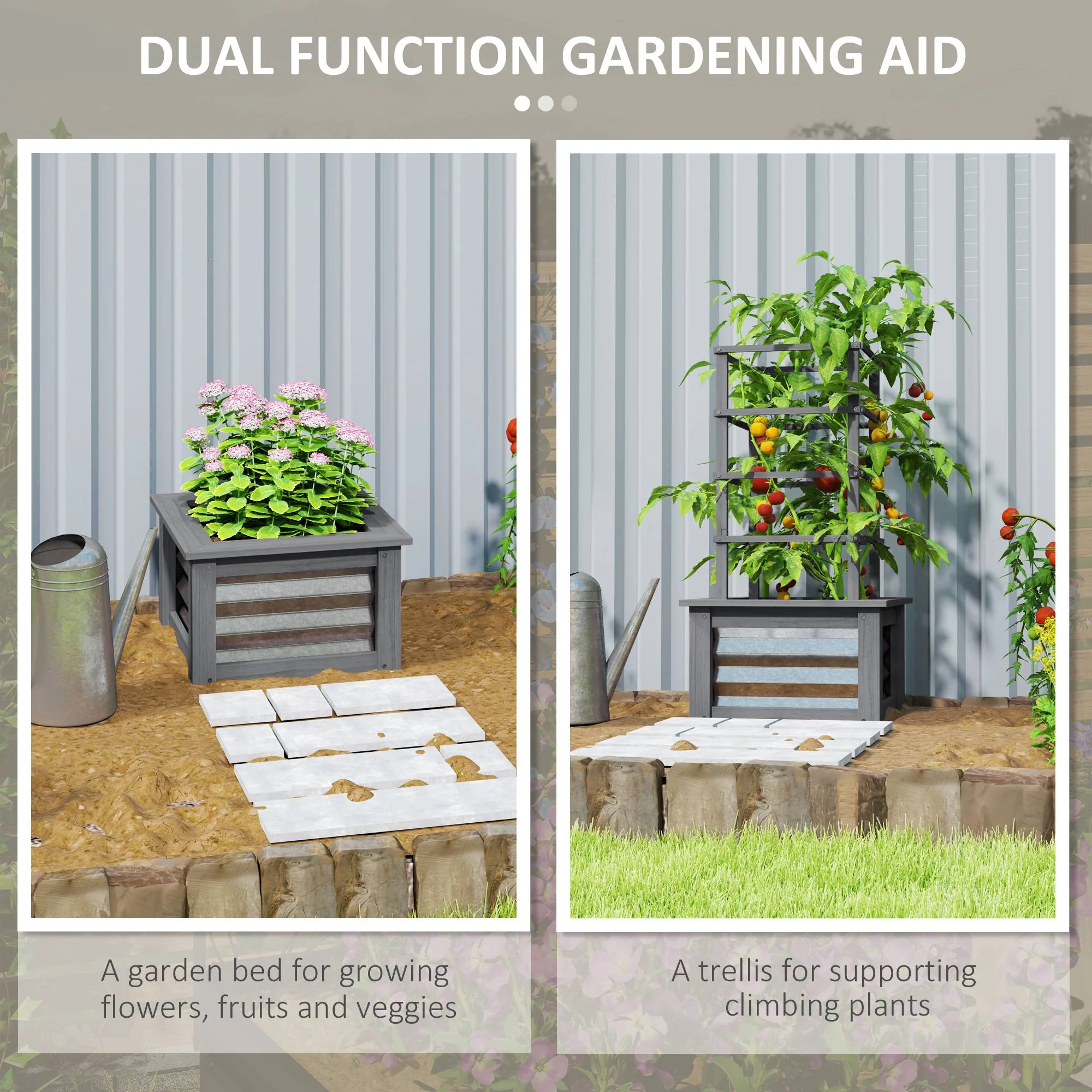 Raised Garden Bed with Trellis, Wooden Planter Box with Galvanized Steel Sides, Raised Flower Bed for Climbing Plants, Flowers, Fruits and Vegetables, Gray - Image 6