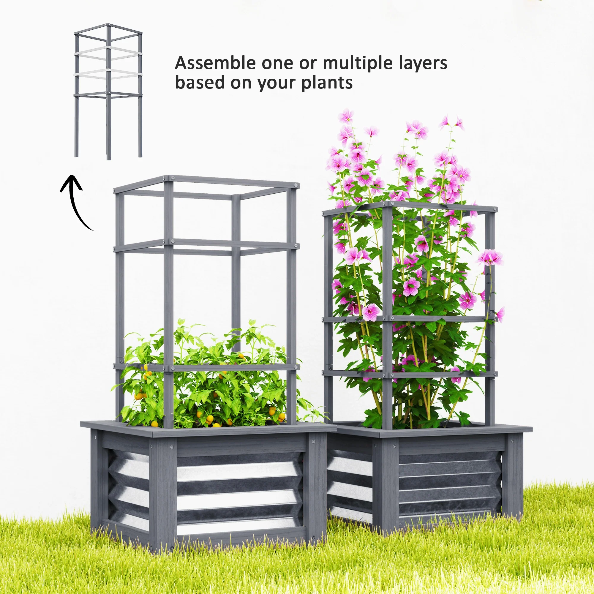 Raised Garden Bed with Trellis, Wooden Planter Box with Galvanized Steel Sides, Raised Flower Bed for Climbing Plants, Flowers, Fruits and Vegetables, Gray - Image 7