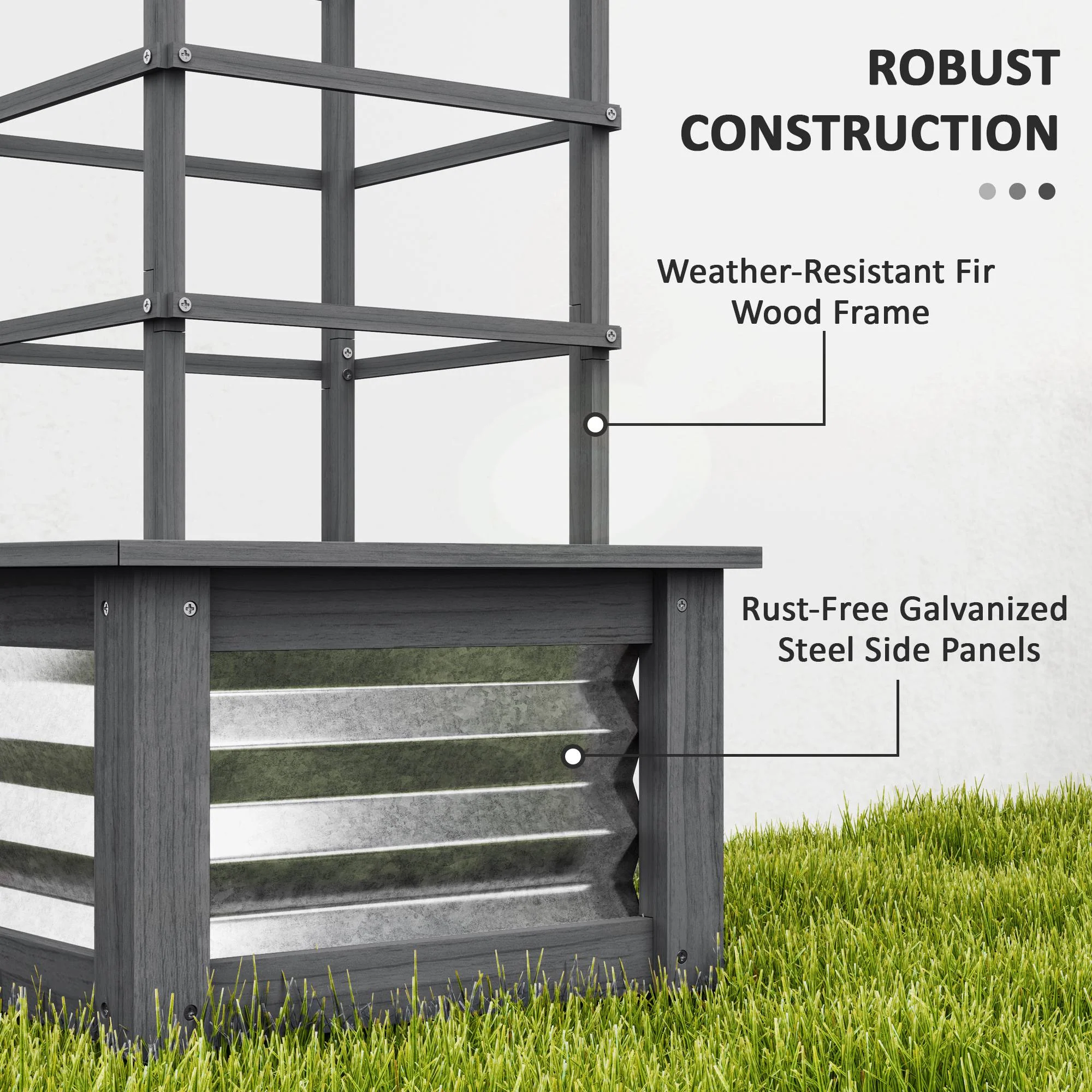 Raised Garden Bed with Trellis, Wooden Planter Box with Galvanized Steel Sides, Raised Flower Bed for Climbing Plants, Flowers, Fruits and Vegetables, Gray - Image 8