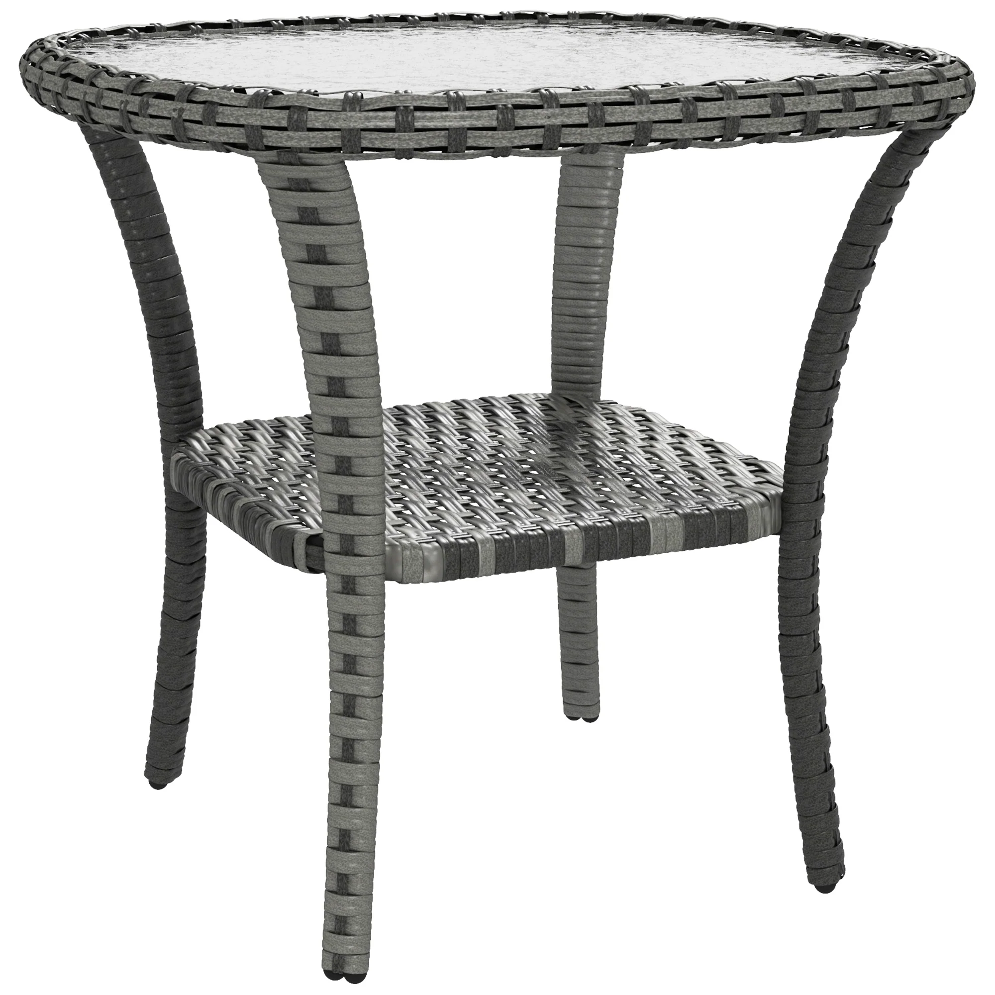 Rattan Coffee Table with Storage Shelf, Wicker Side Table with Glass Top, Mix Gray