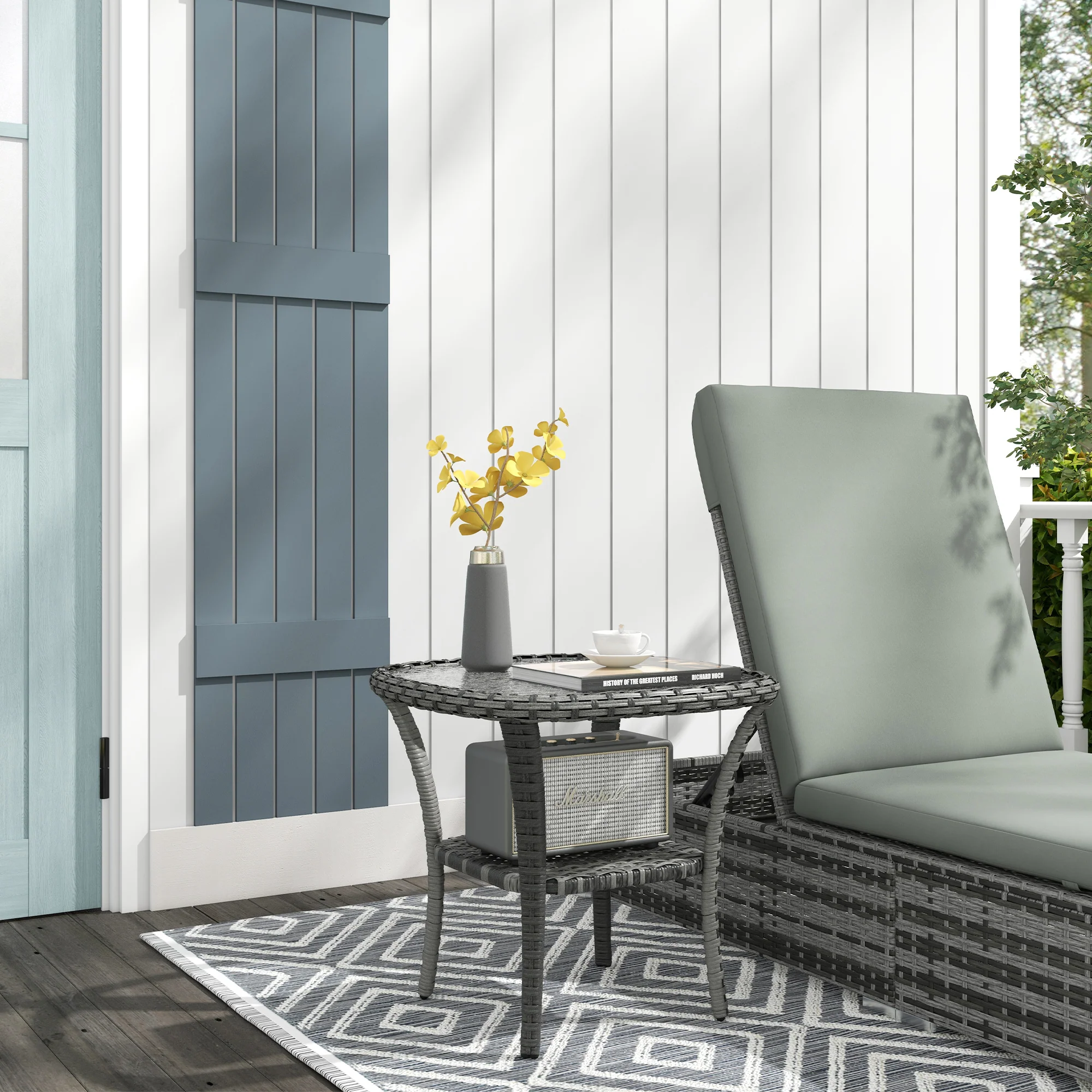 Rattan Coffee Table with Storage Shelf, Wicker Side Table with Glass Top, Mix Gray - Image 3