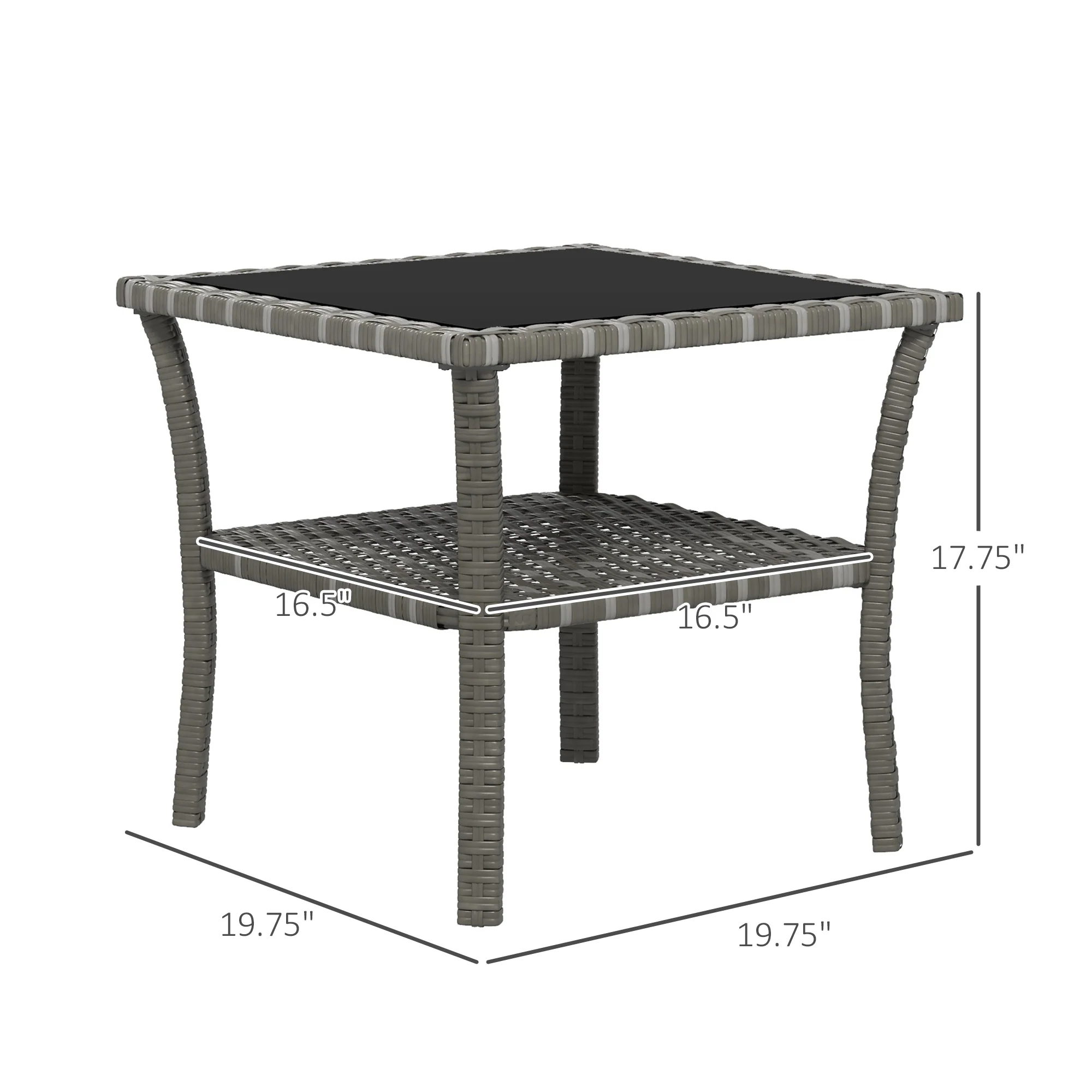 Outdoor Wicker Coffee Table with Storage Shelf, Patio Side Table with Tempered Glass Top, Gray - Image 5
