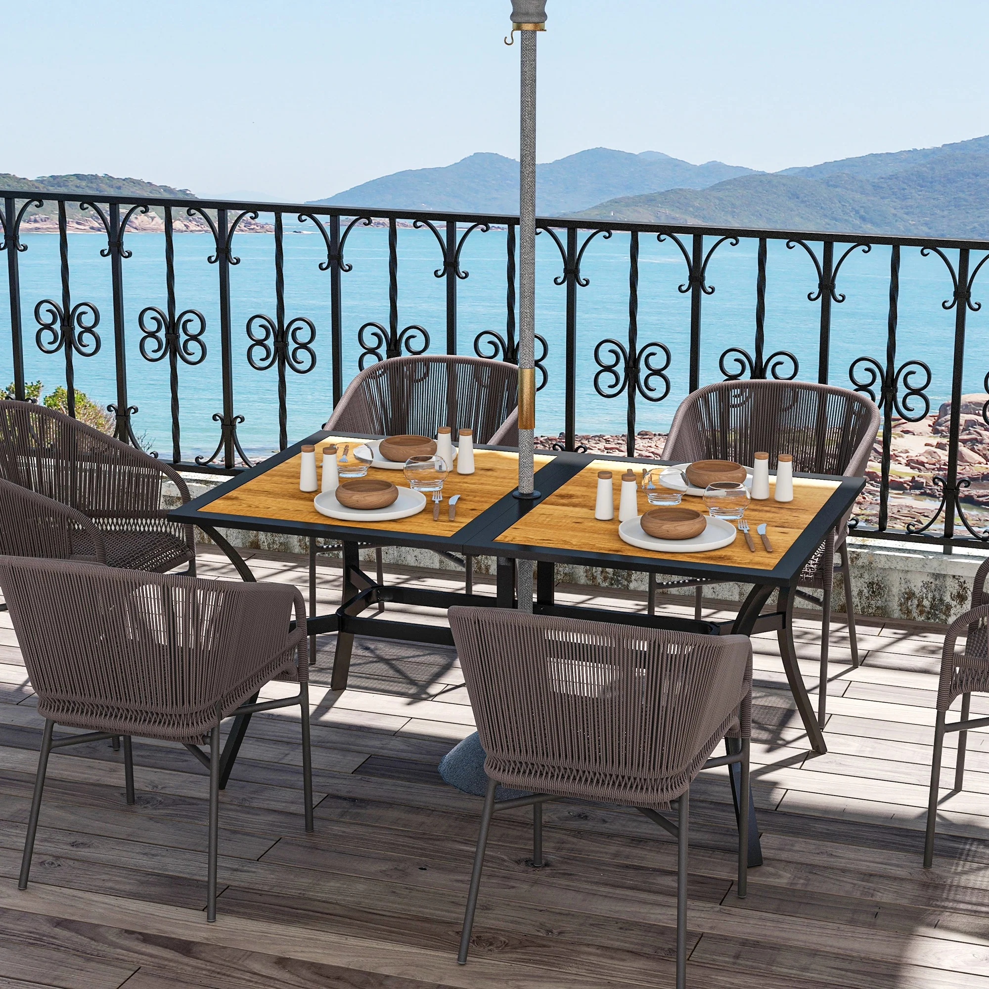 59" x 35.5" Rectangular Outdoor Dining Table for 6 with Umbrella Hole, Brown - Image 10