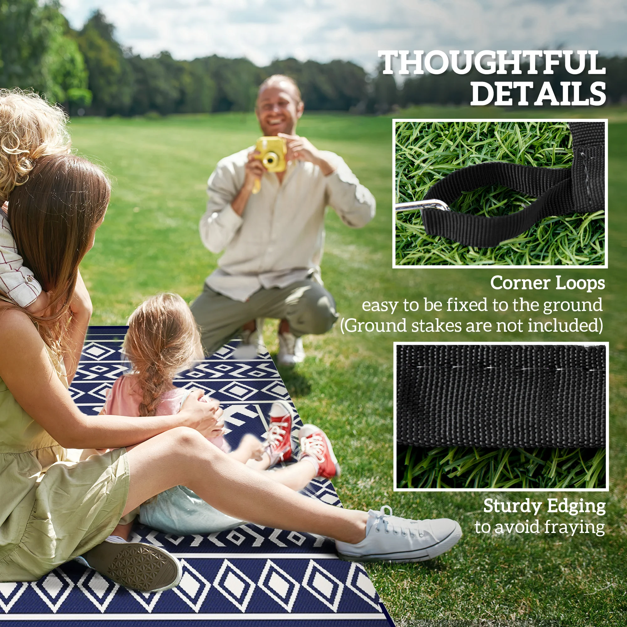 8' x 10' Reversible Waterproof Outdoor Rug, Plastic Straw with Blue & White Rhombus Border - Image 10