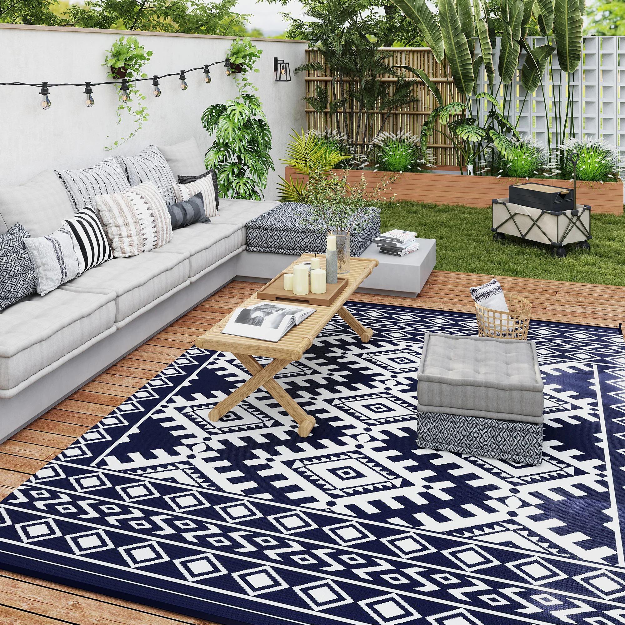 8' x 10' Reversible Waterproof Outdoor Rug, Plastic Straw with Blue & White Rhombus Border - Image 4