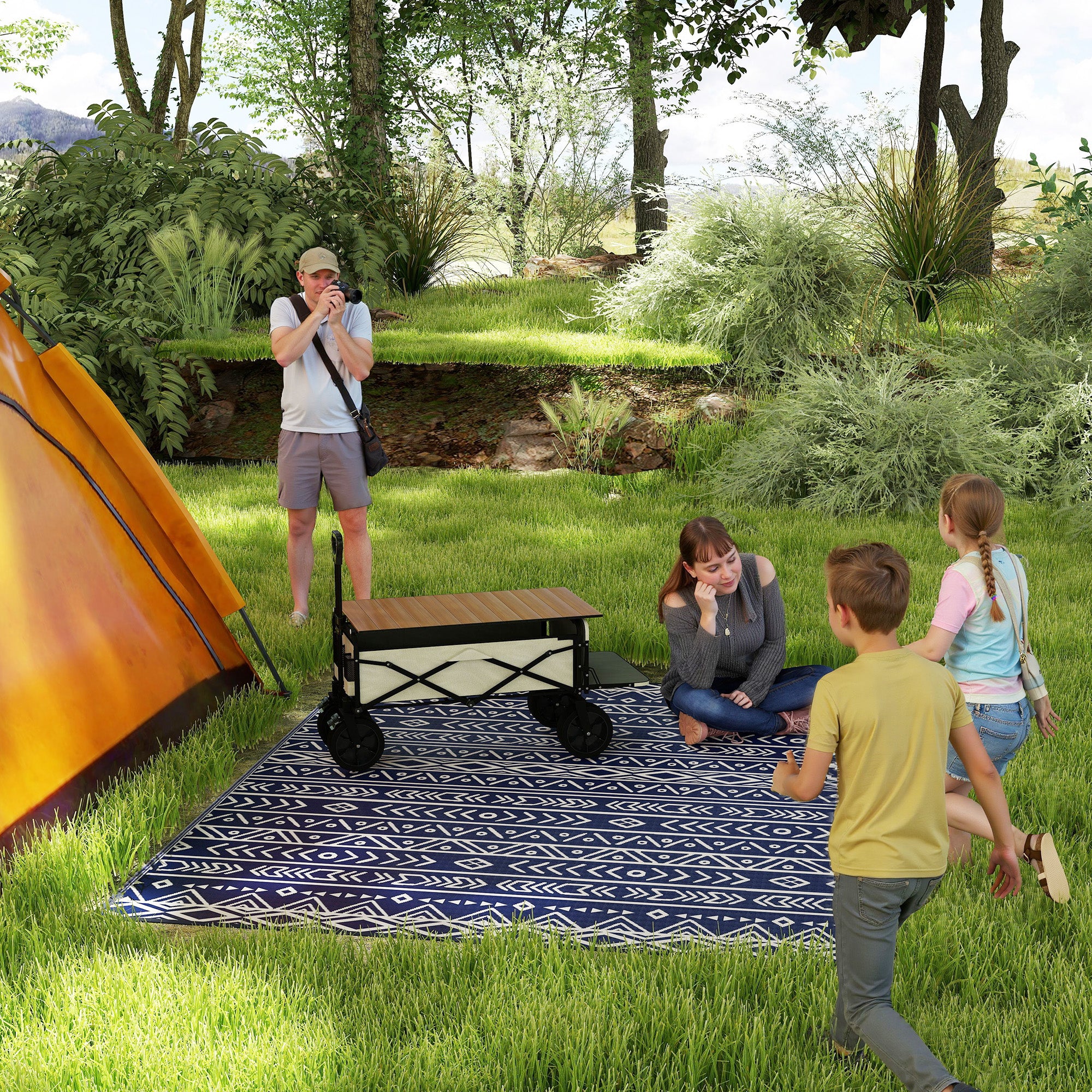 8' x 10' Reversible Waterproof Plastic Straw Outdoor Rug in Blue & White Geometric - Image 3