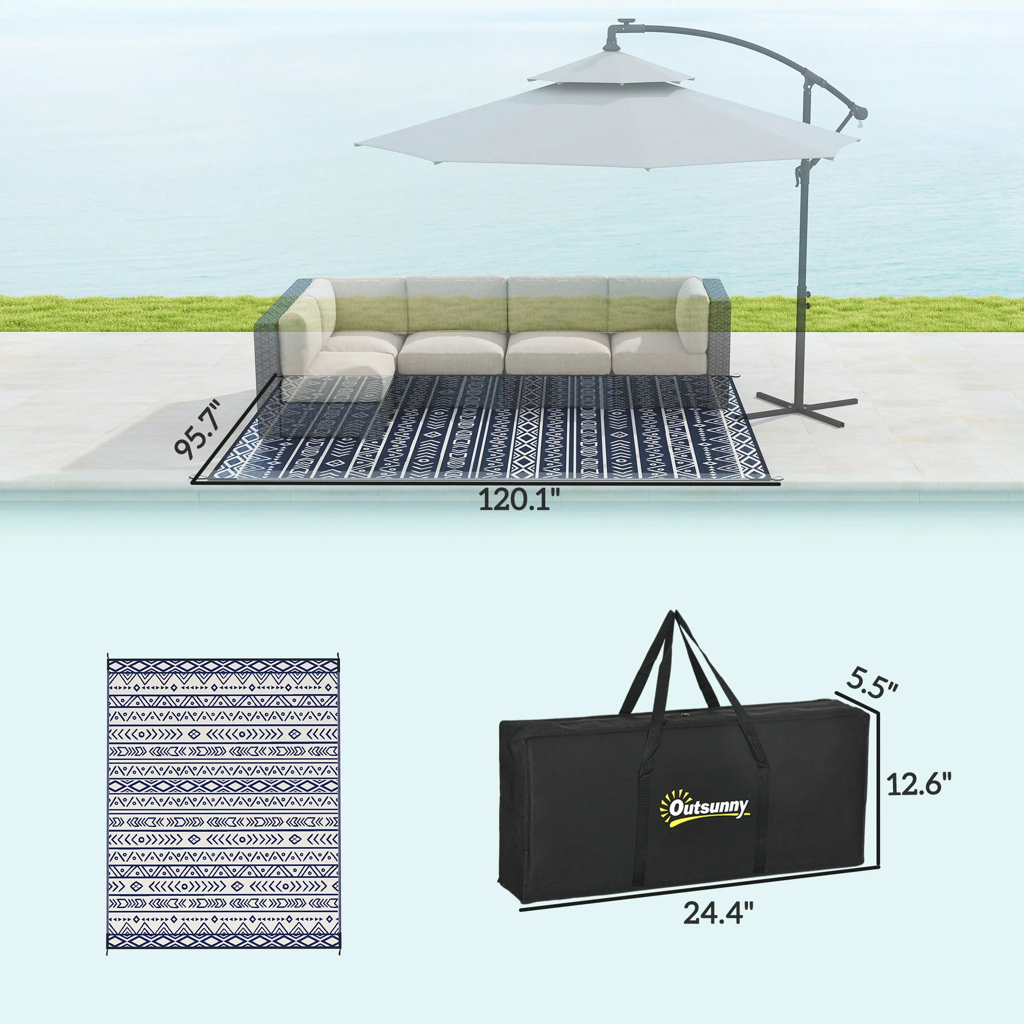 8' x 10' Reversible Waterproof Plastic Straw Outdoor Rug in Blue & White Geometric - Image 5