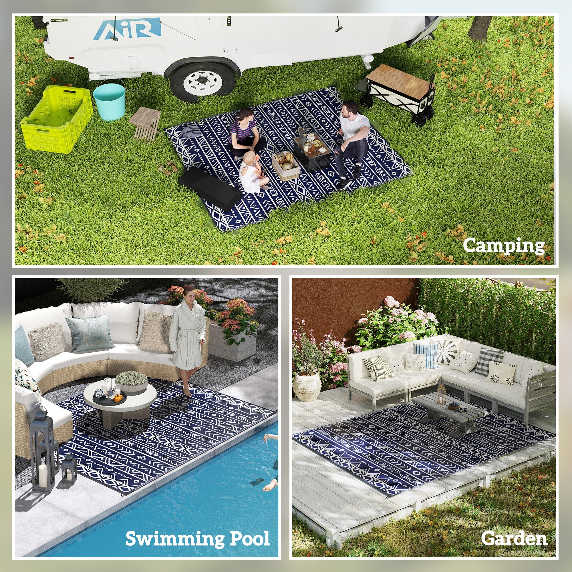 8' x 10' Reversible Waterproof Plastic Straw Outdoor Rug in Blue & White Geometric - Image 7
