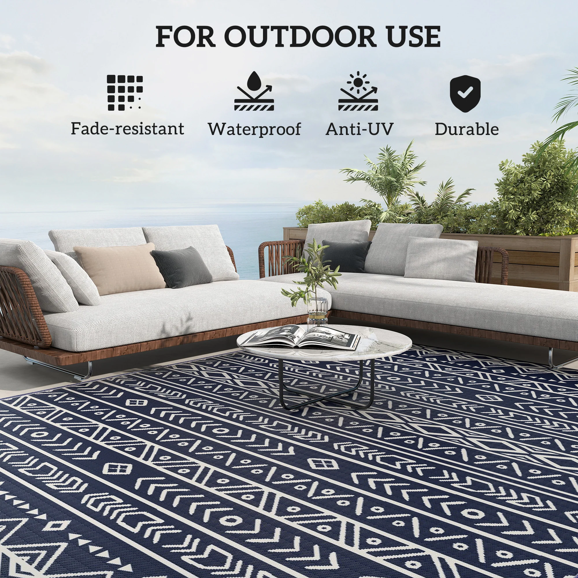 8' x 10' Reversible Waterproof Plastic Straw Outdoor Rug in Blue & White Geometric - Image 8