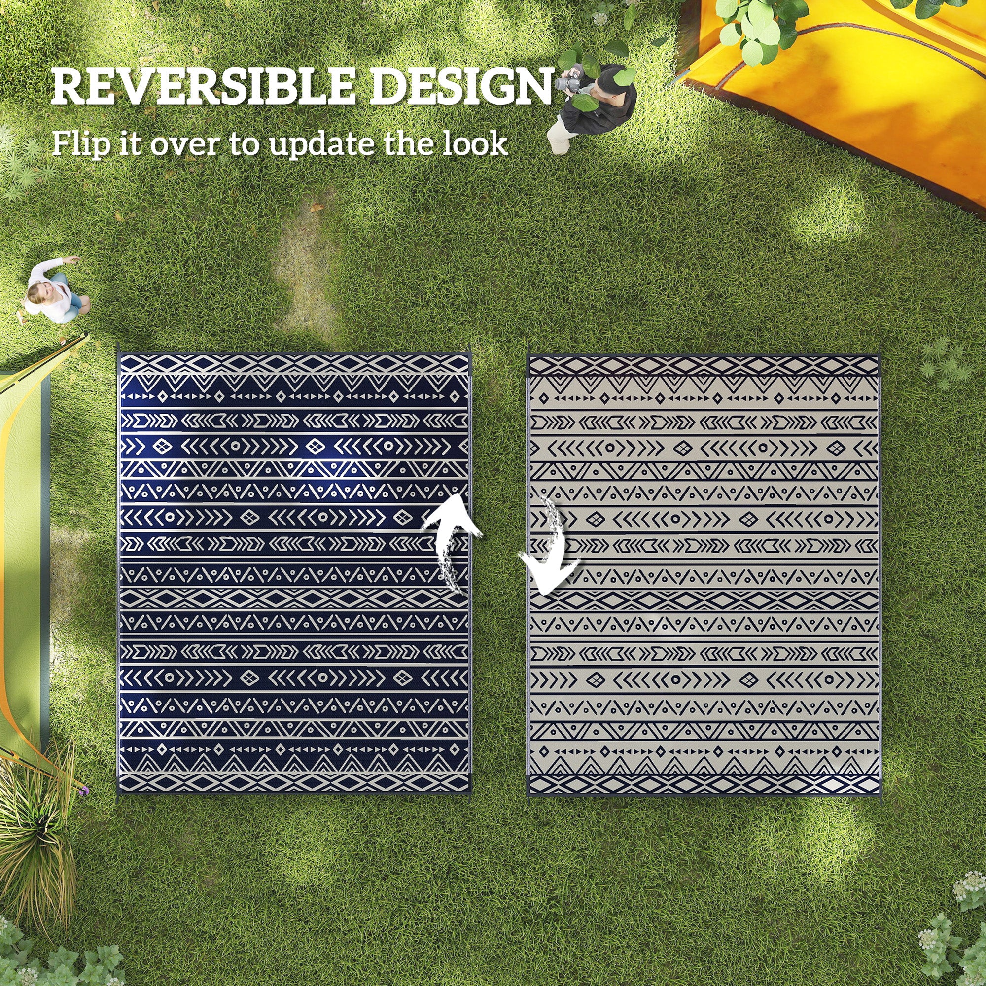 8' x 10' Reversible Waterproof Plastic Straw Outdoor Rug in Blue & White Geometric - Image 9