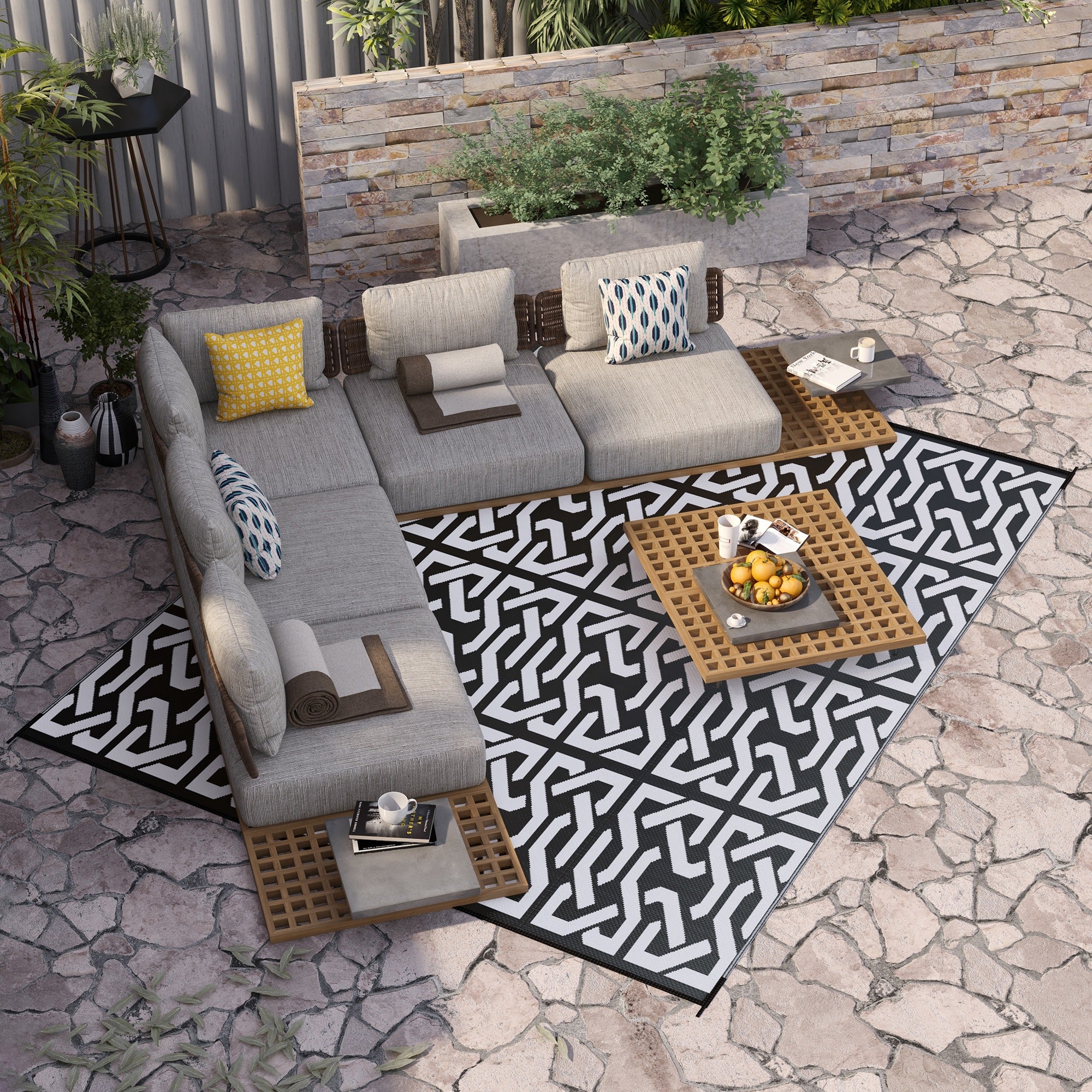 8' x 10' Reversible Outdoor Rug for RV & Camping with Carry Bag, Black & White - Image 3