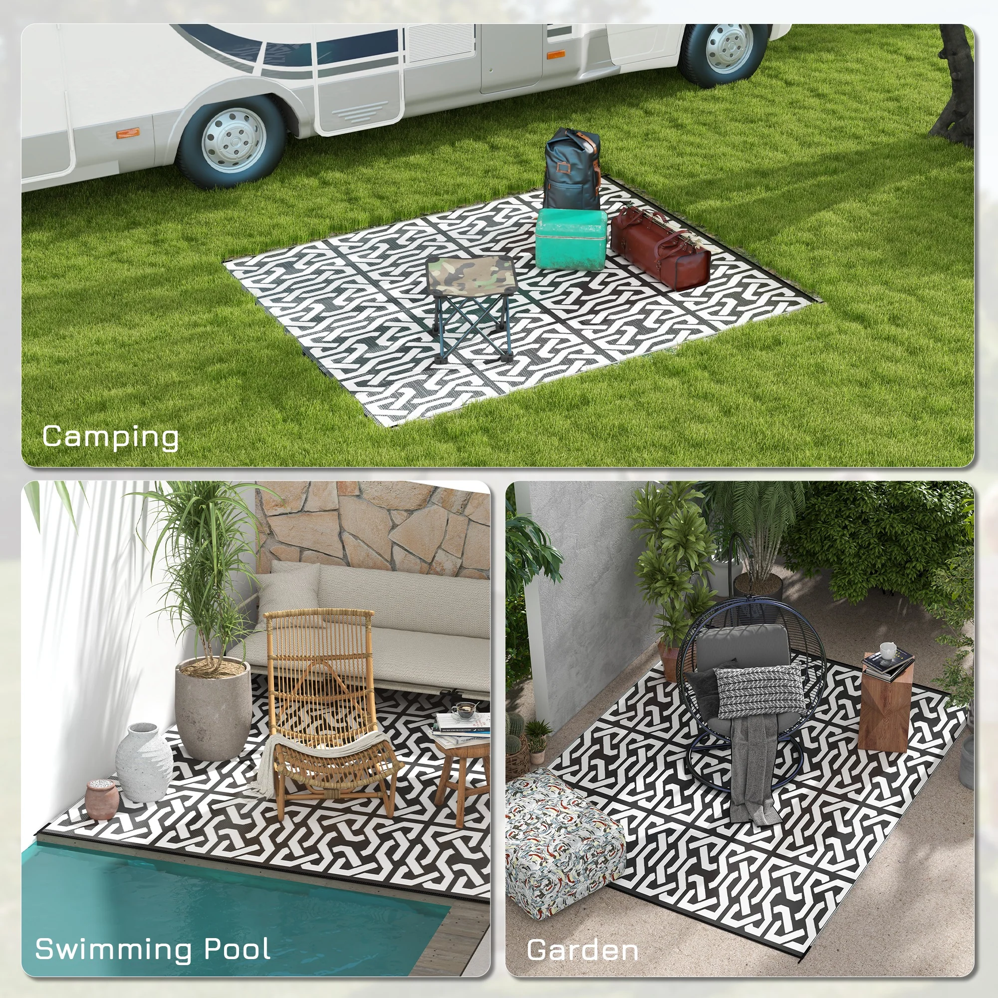 8' x 10' Reversible Outdoor Rug for RV & Camping with Carry Bag, Black & White - Image 7
