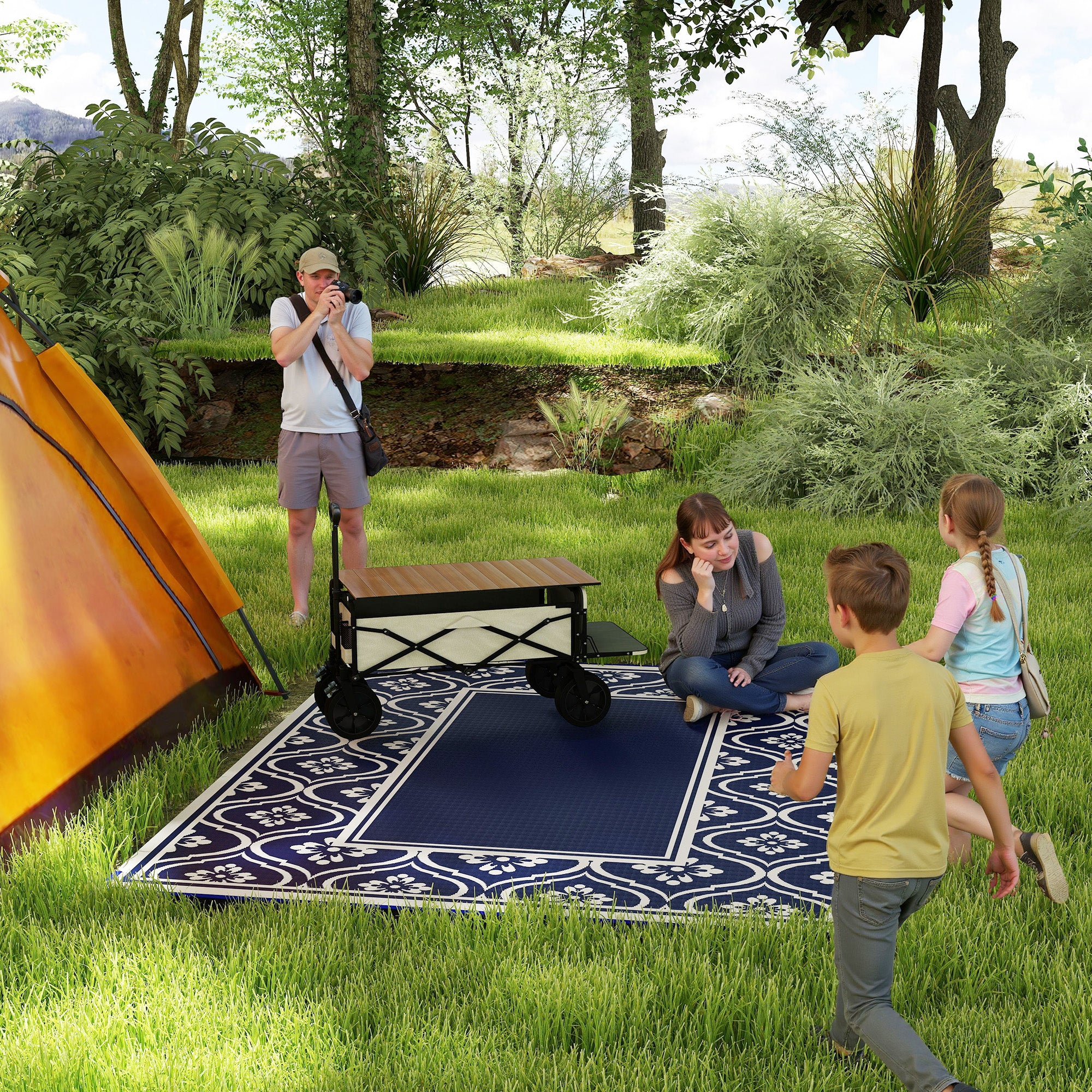 8' x 10' Reversible Outdoor Rug - Waterproof Plastic Straw with Carry Bag, Blue & White Border - Image 3