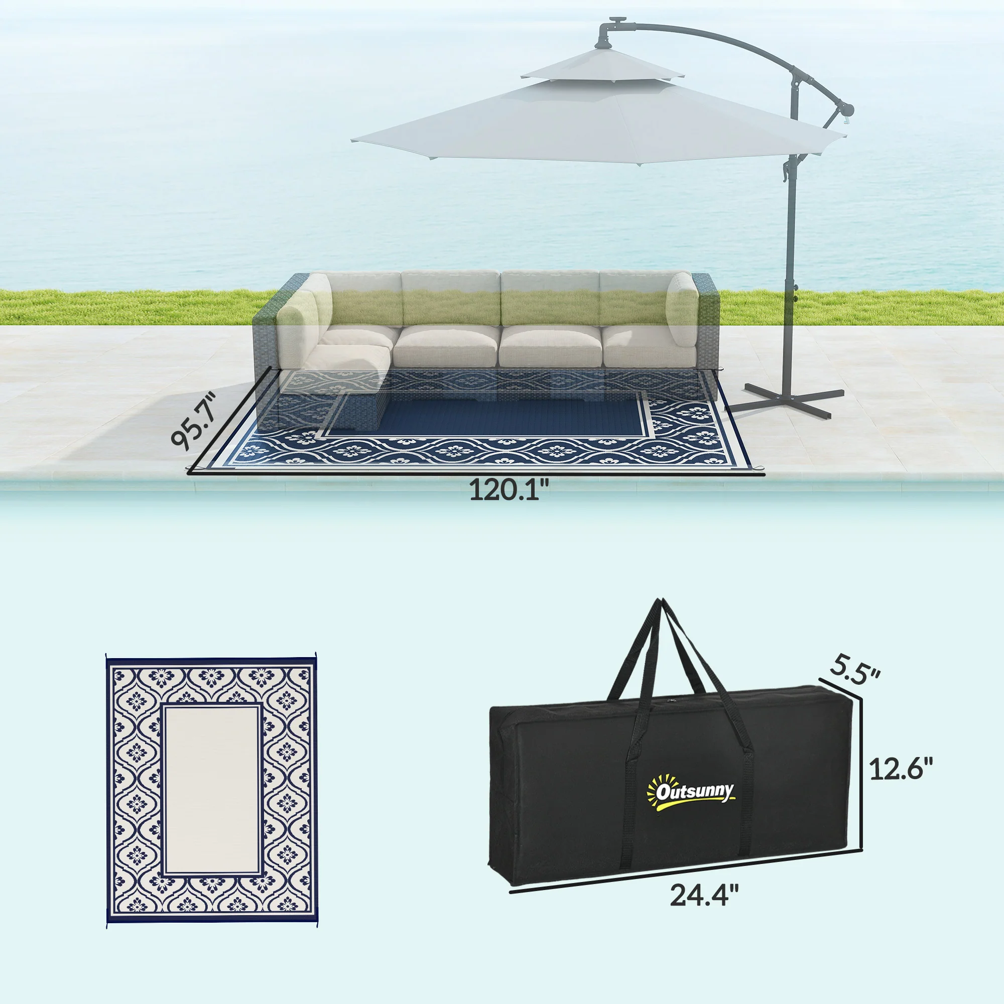 8' x 10' Reversible Outdoor Rug - Waterproof Plastic Straw with Carry Bag, Blue & White Border - Image 5