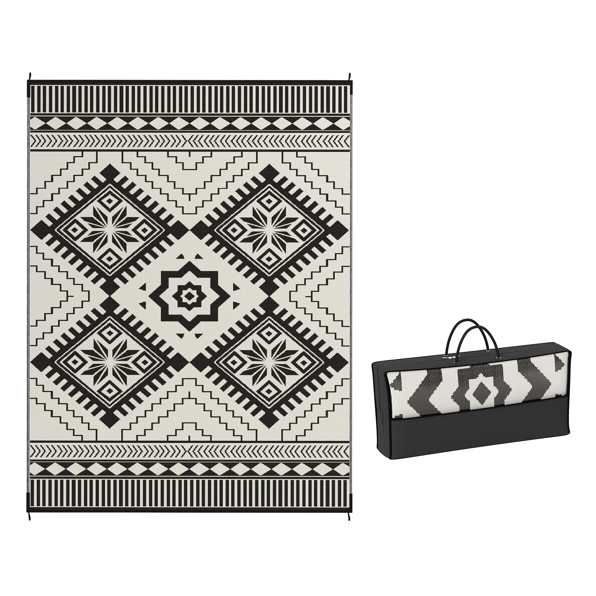 9' x 12' Reversible Outdoor Rug, Waterproof w/ Carry Bag, White & Black Toothed Rhombus
