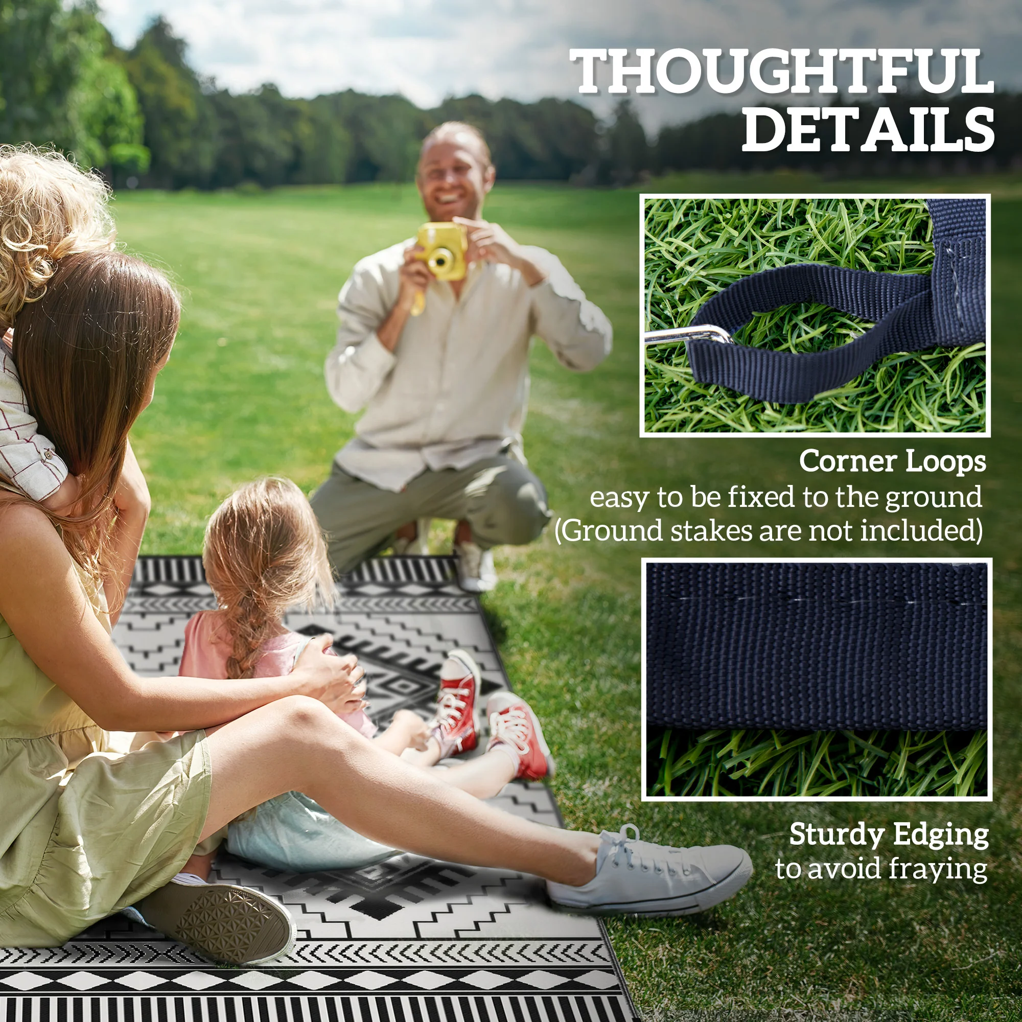 9' x 12' Reversible Outdoor Rug, Waterproof w/ Carry Bag, White & Black Toothed Rhombus - Image 10