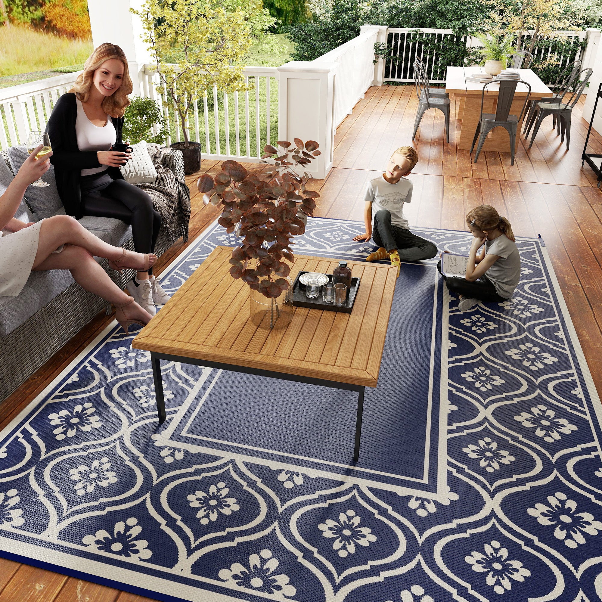 9' x 12' Outdoor Rug Waterproof Reversible Blue & White Gourd Border - Image 11