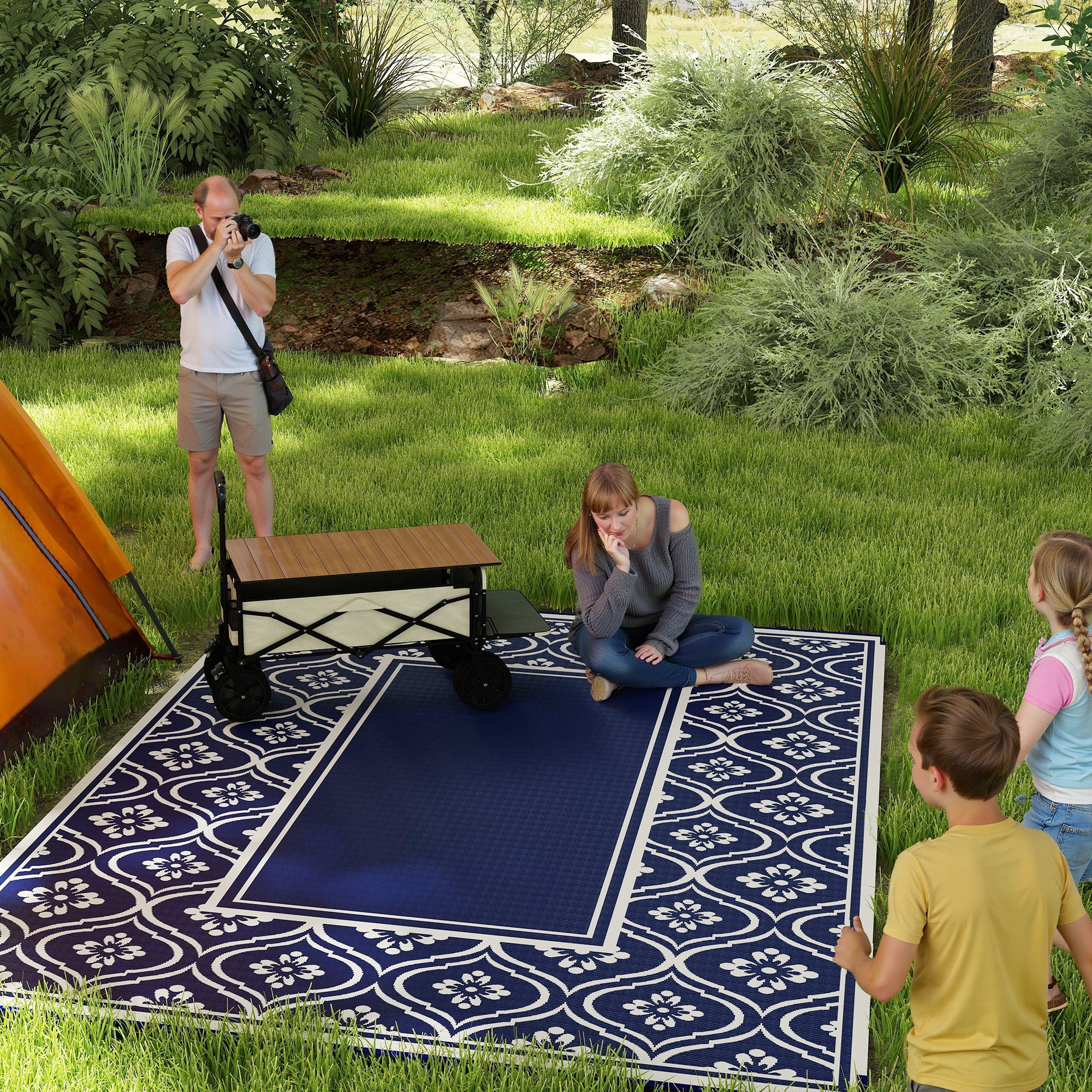 9' x 12' Outdoor Rug Waterproof Reversible Blue & White Gourd Border - Image 3